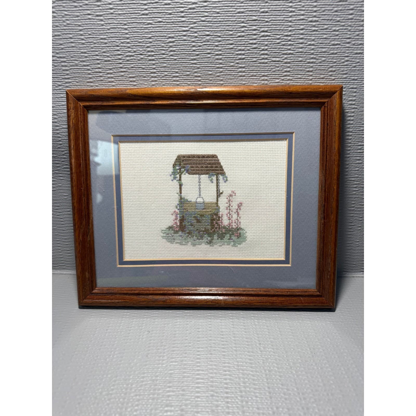 Vintage Framed Cross Stitch Wishing Well Needlepoint Art Blue Mat Wood Framed
