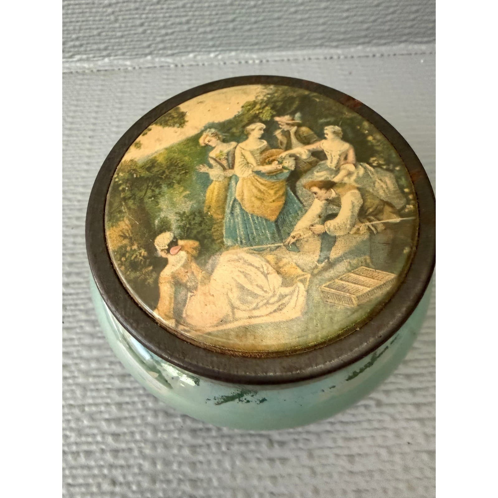 Vintage Green Milk Glass Trinket Dish Pastoral Scene Metal Lid Jar
