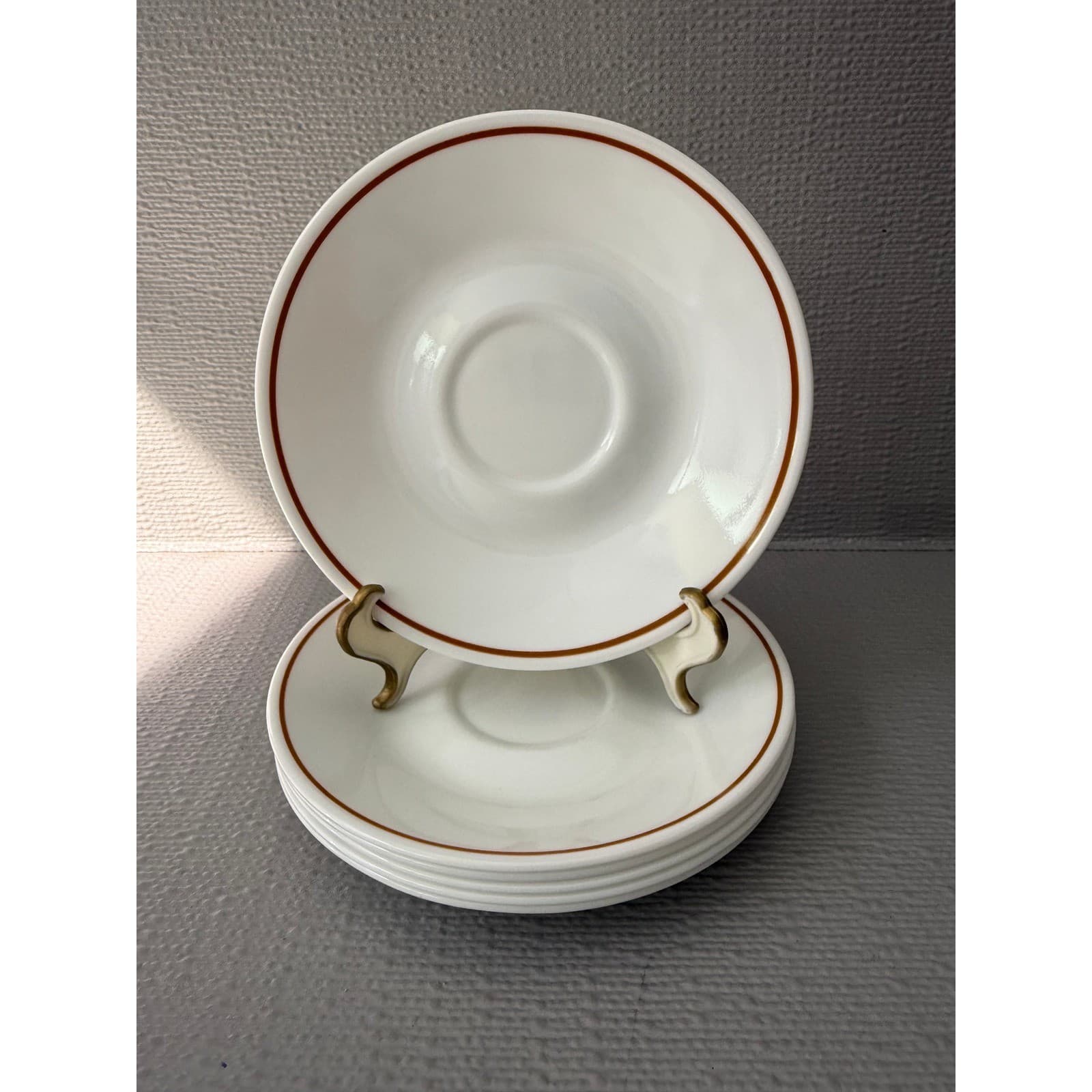 Corelle by Corning Gingerbread Brown Rim White Saucer Plates Set of 6 Vintage