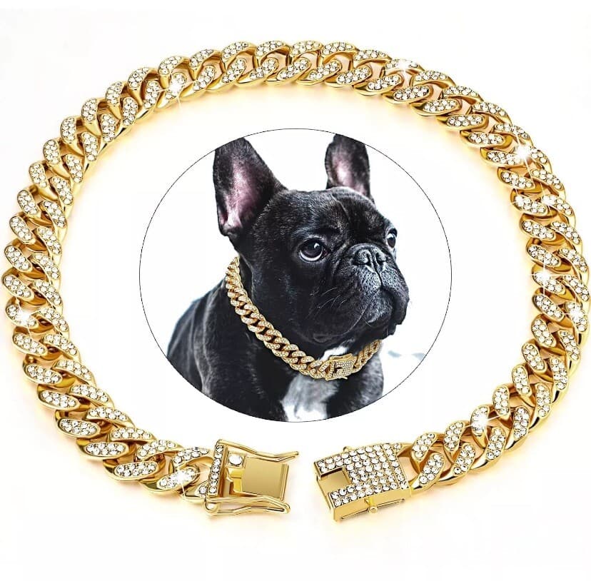 Pet Dog Cat Metal Gold Chain Diamond Cuban Link Collar Luxury Necklace Bling 12”