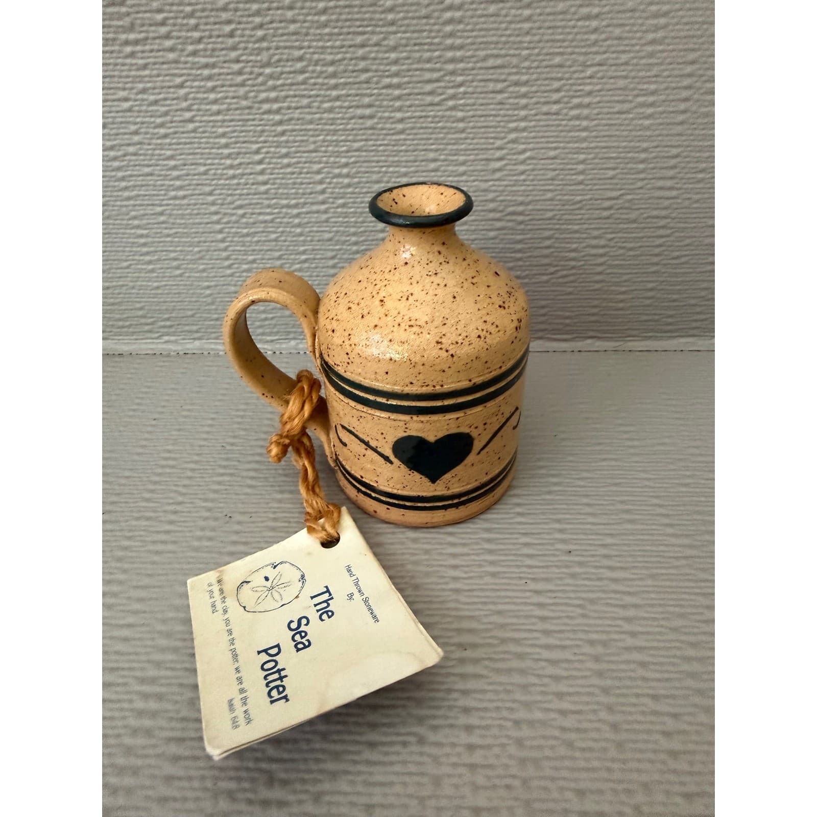 The Sea Potter Hand Thrown Stoneware Mini Jug Heart Speckled Tan Blue 4.5 inch