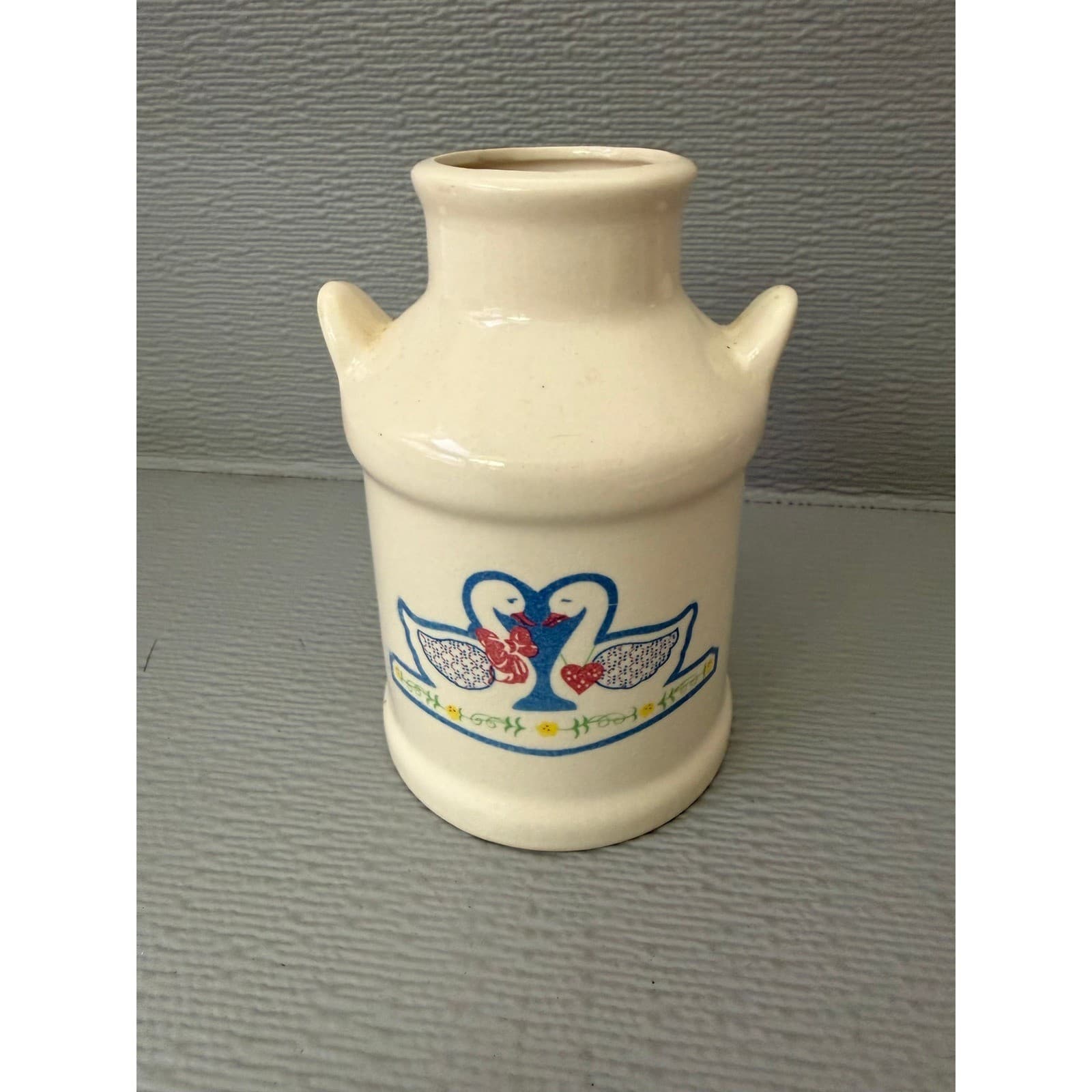 Vintage Ceramic Milk Can Vase Cream Swan Heart Farmhouse Decor 5.5 Inch