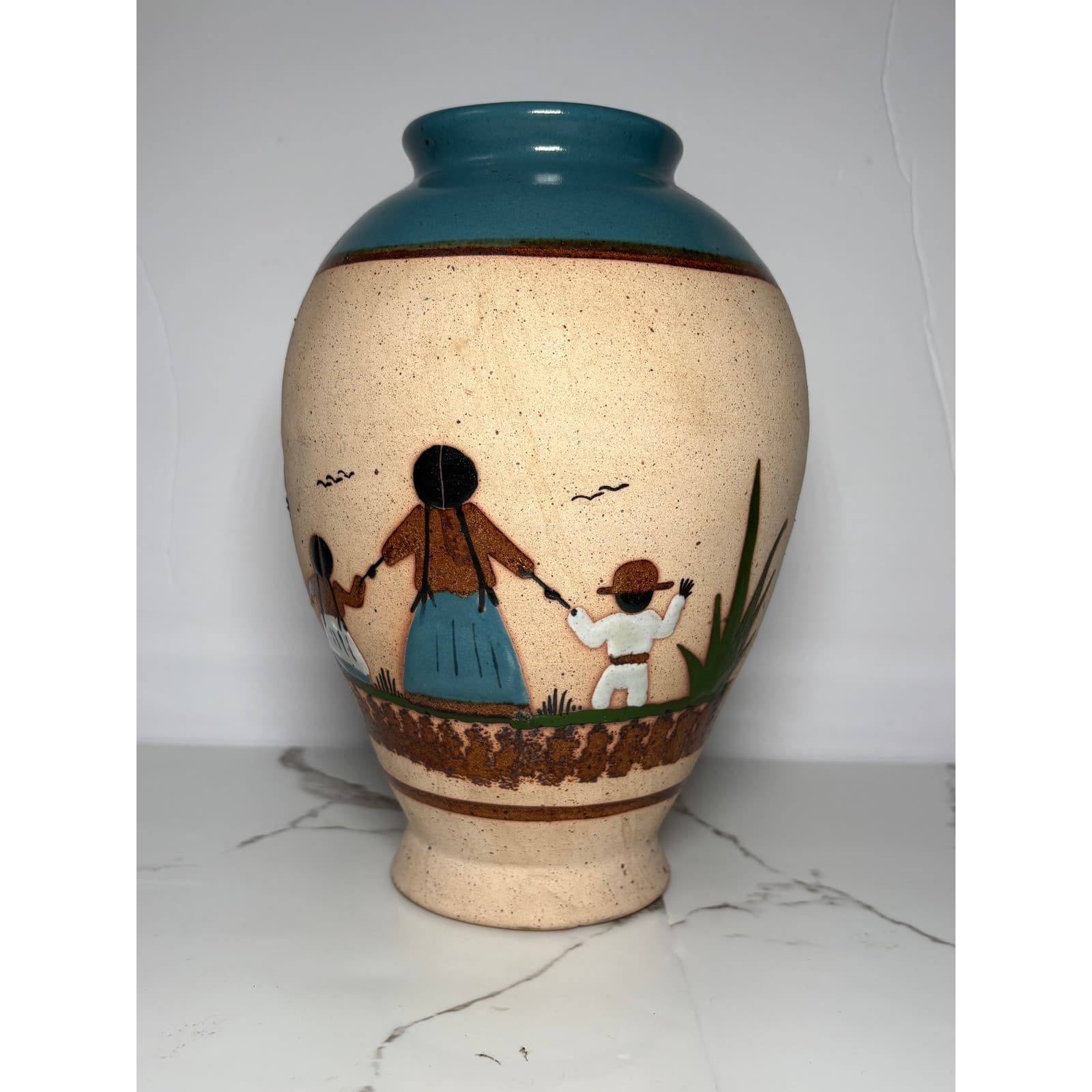 Vintage Mexican Folk Art Pottery Vase Hand Painted Family Desert Scene Teal Rim