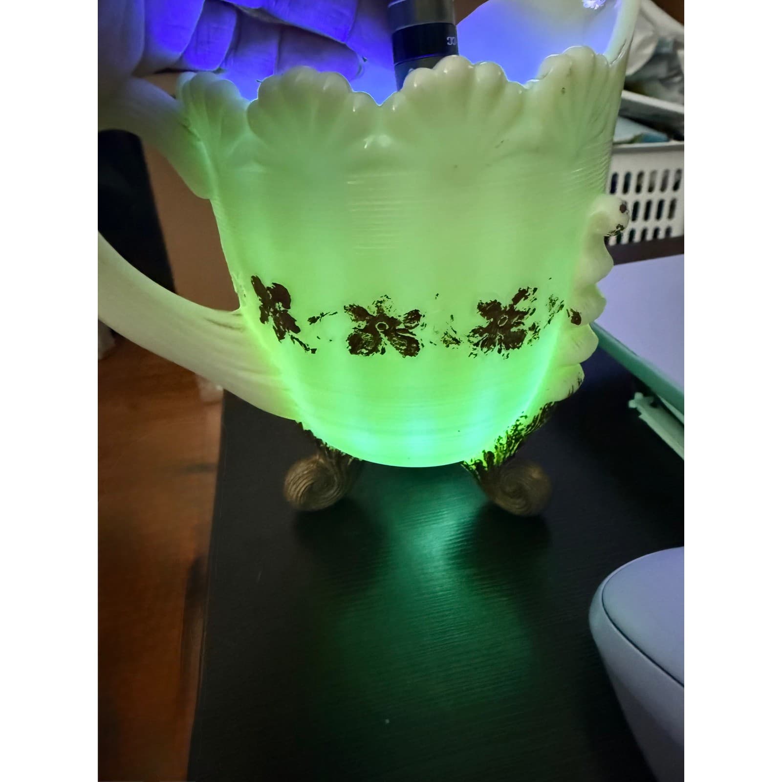 Vintage Custard Uranium Glass Creamer Pitcher Shell Design UV Glow Floral