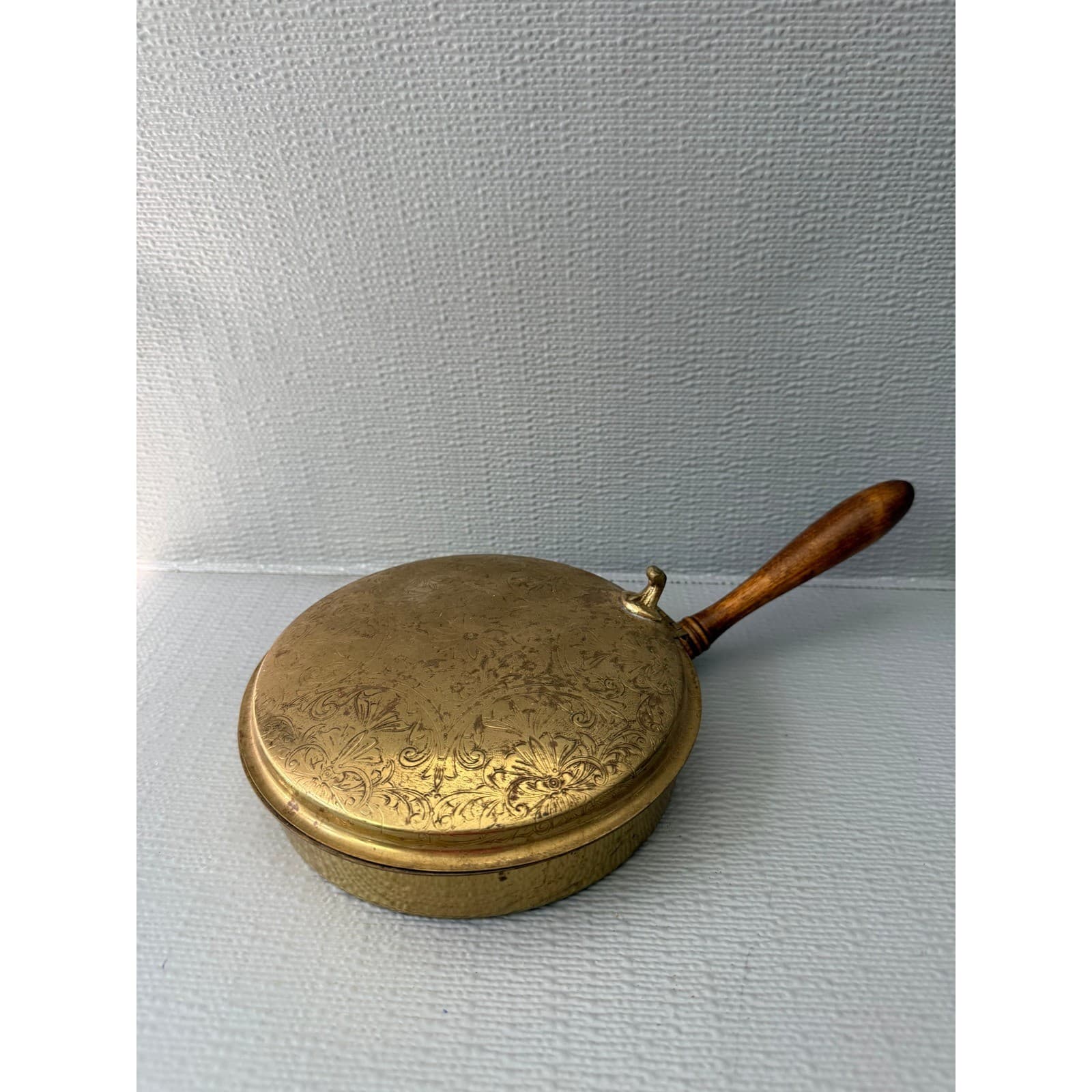 Vintage Etched Brass Silent Butler Crumb Catcher with Wood Handle Floral Design
