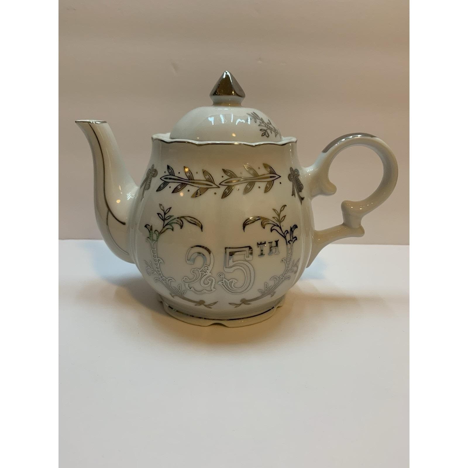 Lefton 25th Anniversary Musical Teapot Porcelain Silver Trim Made in Japan