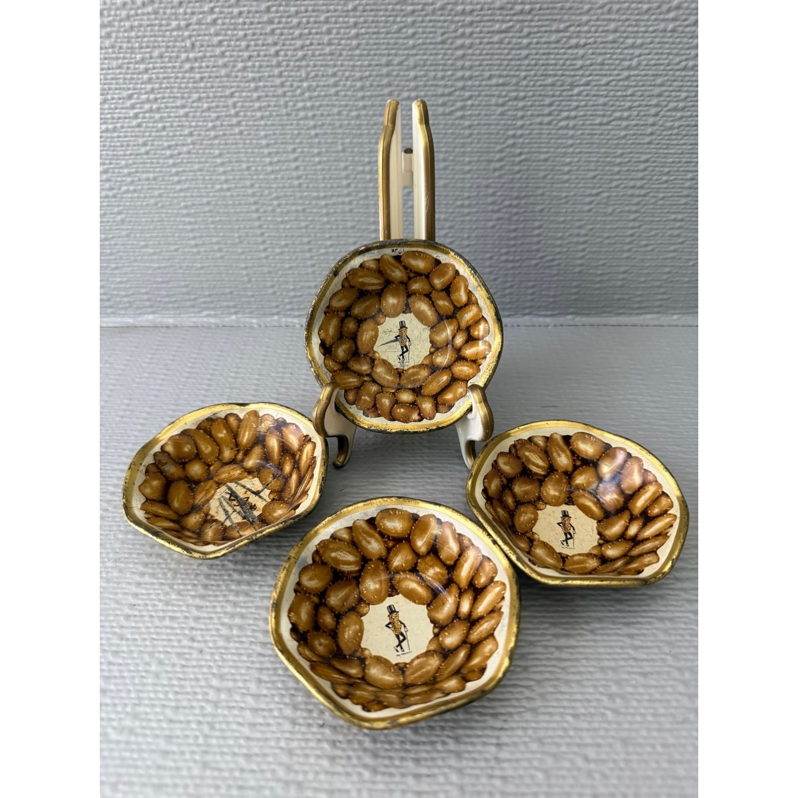 Vintage Planters Mr Peanut Metal Nut Dishes Set of 4 Gold Tone Made in USA