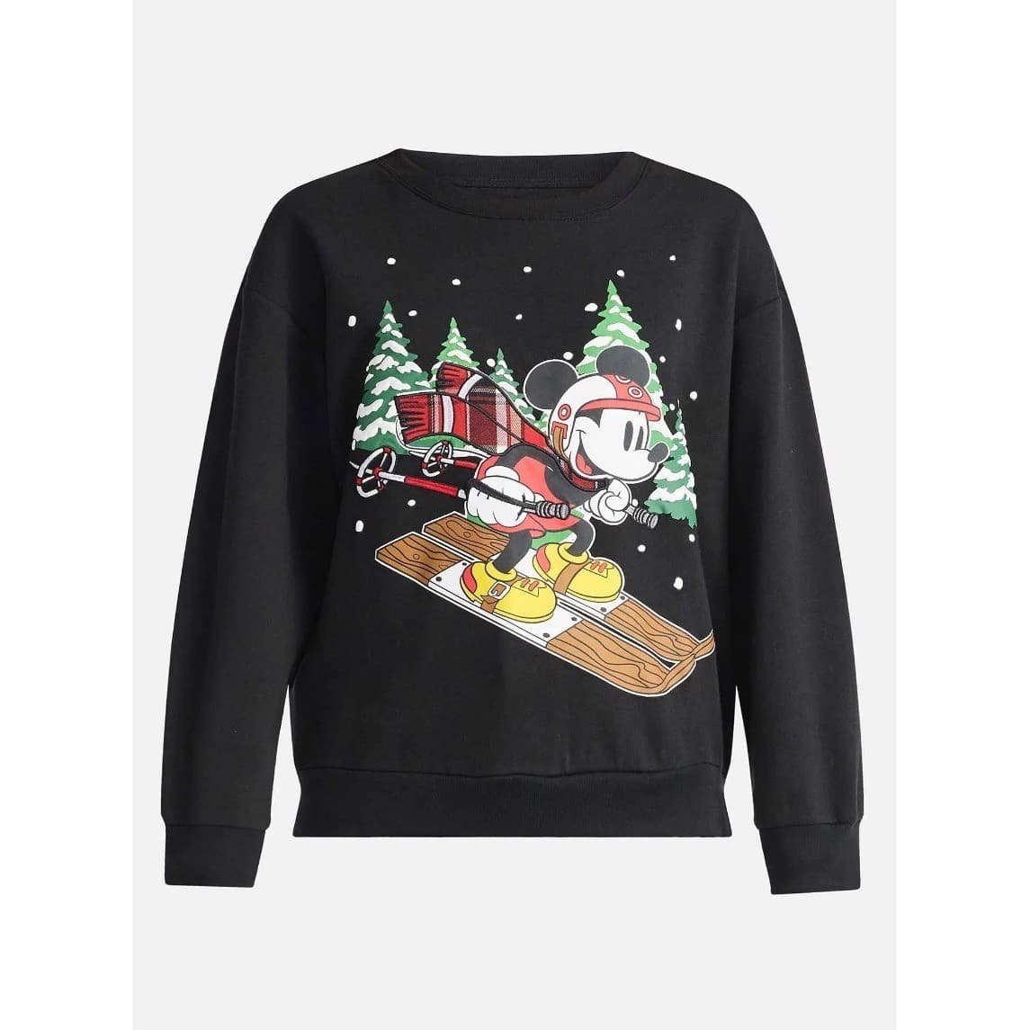 Disney Mickey Mouse Skiing Graphic Sweatshirt Black Crewneck Holiday Pullover