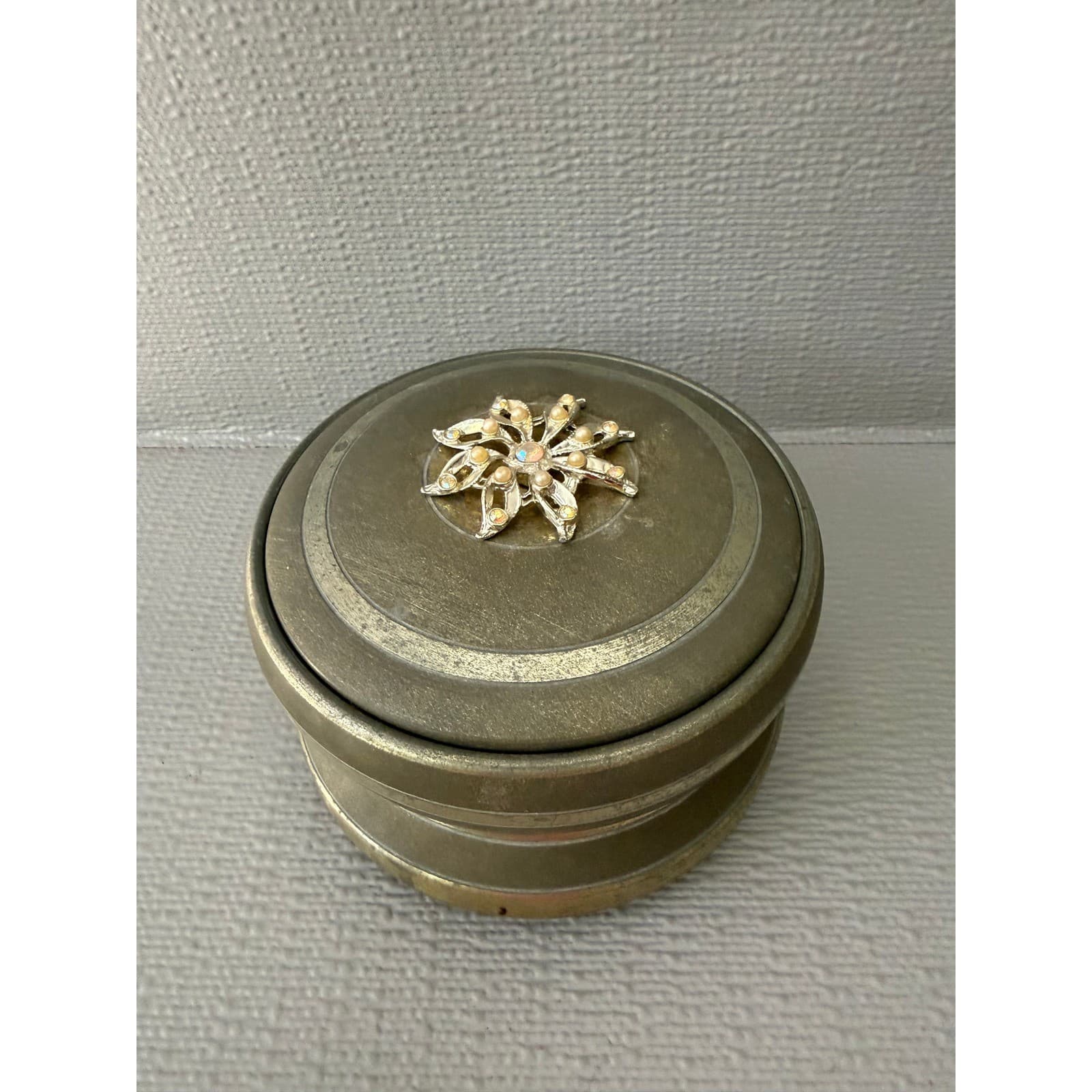 Vintage Metal Music Box Round Tiered Brass Tone Faux Pearl Rhinestone Brooch