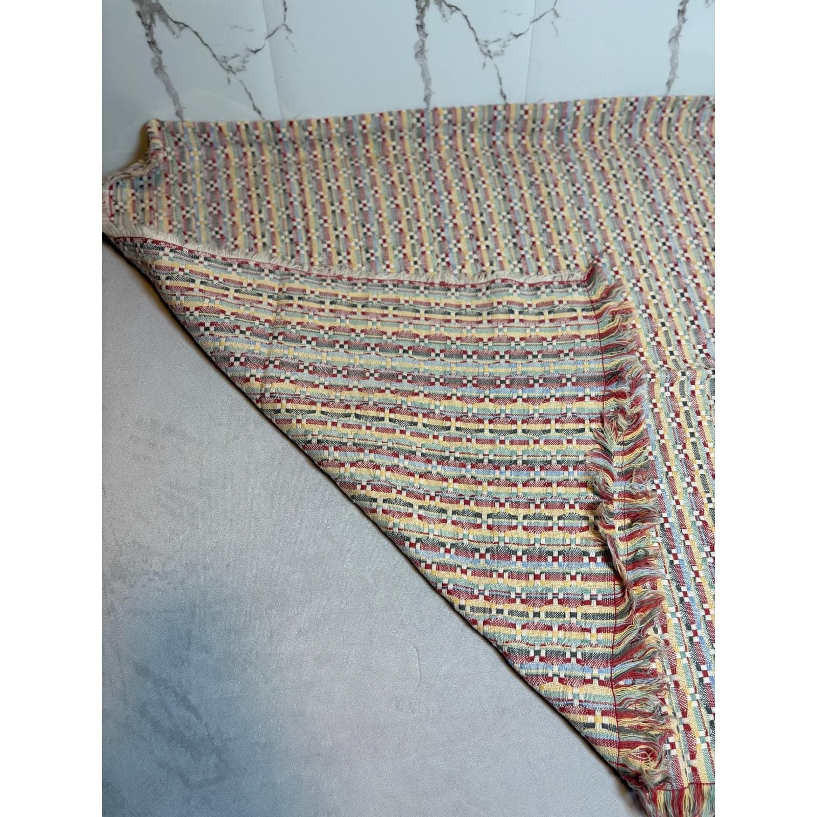 Vintage Woven Tapestry Throw Blanket Geometric Multi Color Fringed Boho Decor