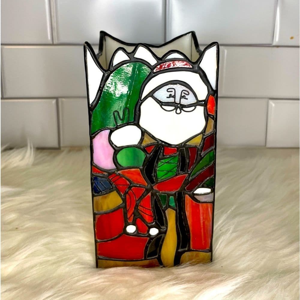 Vintage Stained Glass Santa Christmas Candle Holder