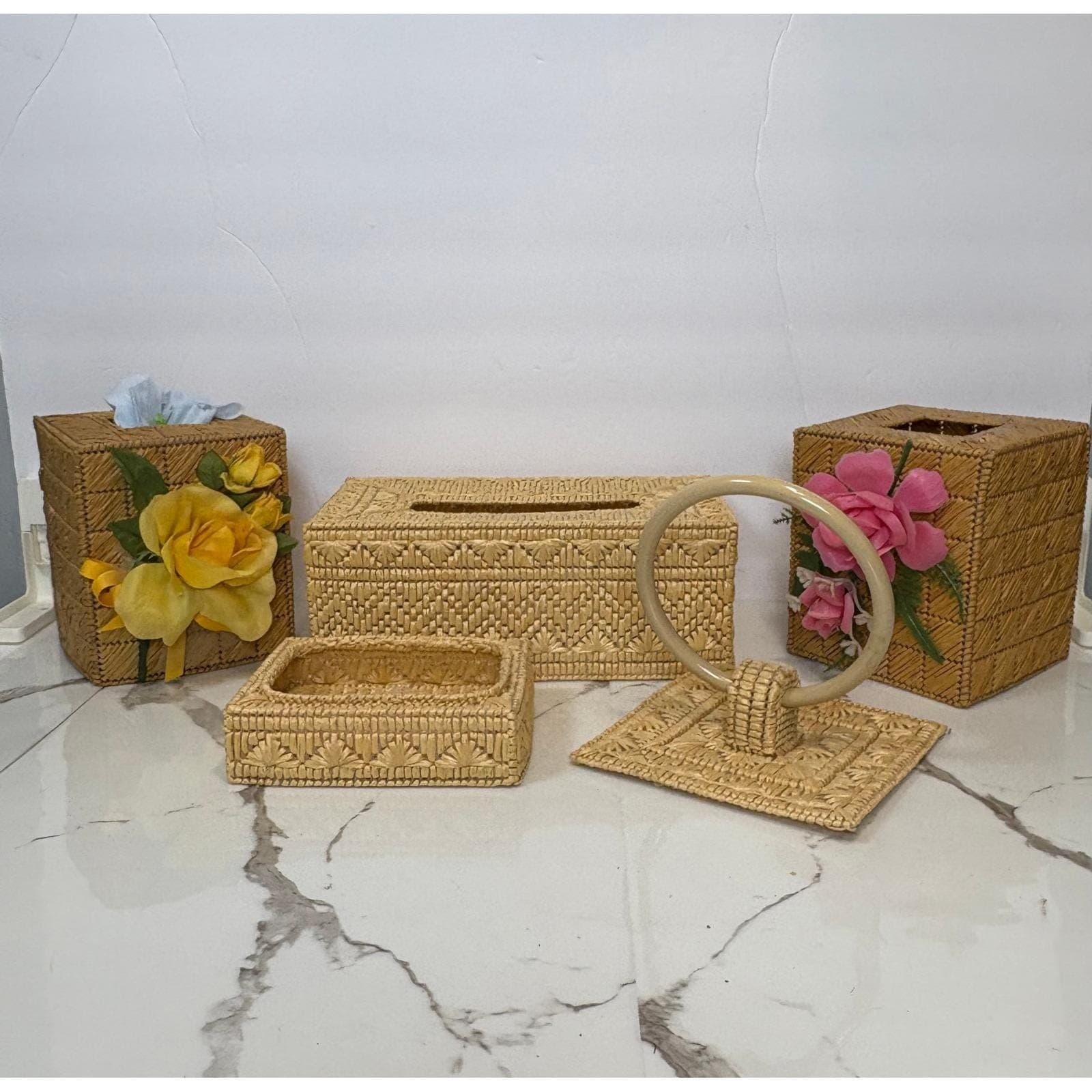 Vintage Woven Raffia 5 Piece Bathroom Set Tissue Box Covers Floral Boho Coastal