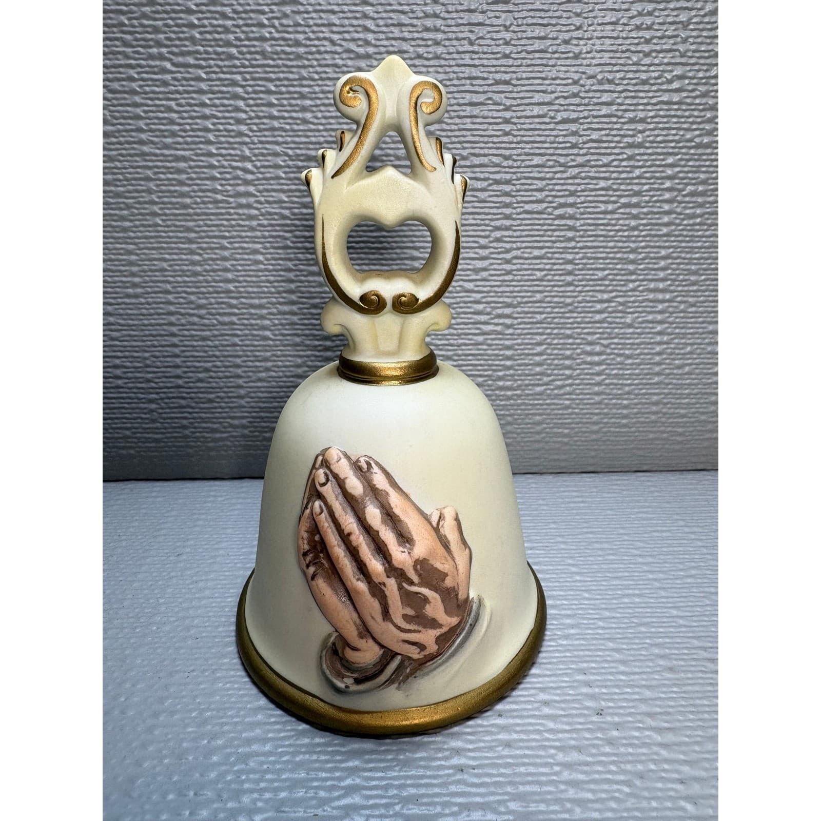 Vintage Homco Praying Hands Porcelain Bell Gold Trim Bisque Taiwan 1452