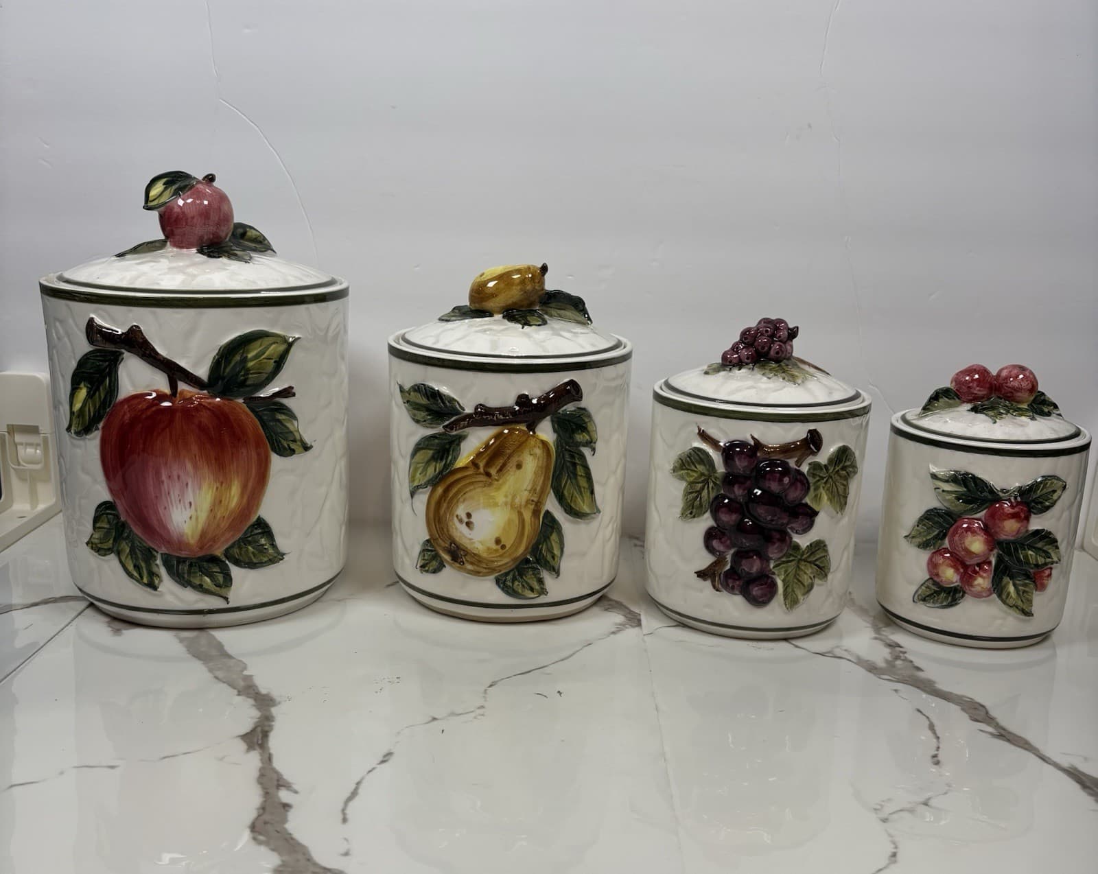 Vintage Style Fruit Ceramic Kitchen Canister Set of 4 Apple Pear Grape Cherry