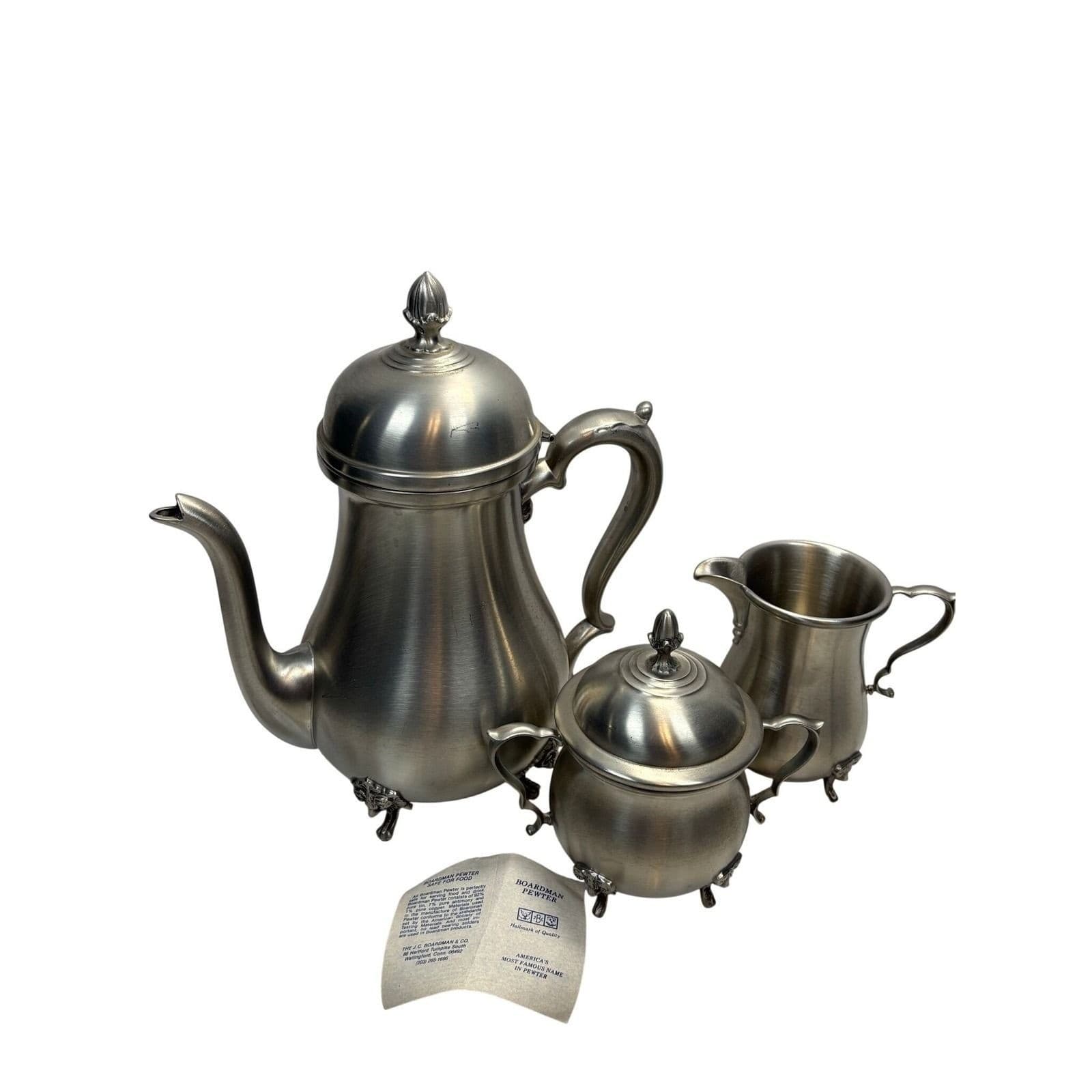 Boardman Pewter Tea Coffee Set 3pc Rams Head Feet Teapot Sugar Creamer