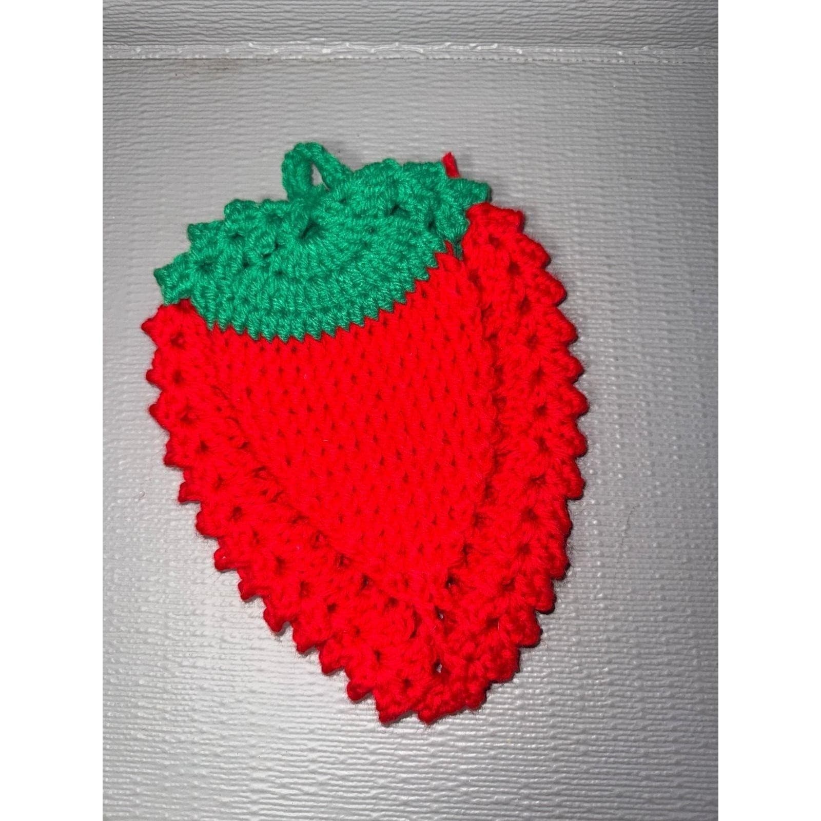 Handmade Crochet Strawberry Potholder Red Green Fruit Trivet Cottagecore Kitchen