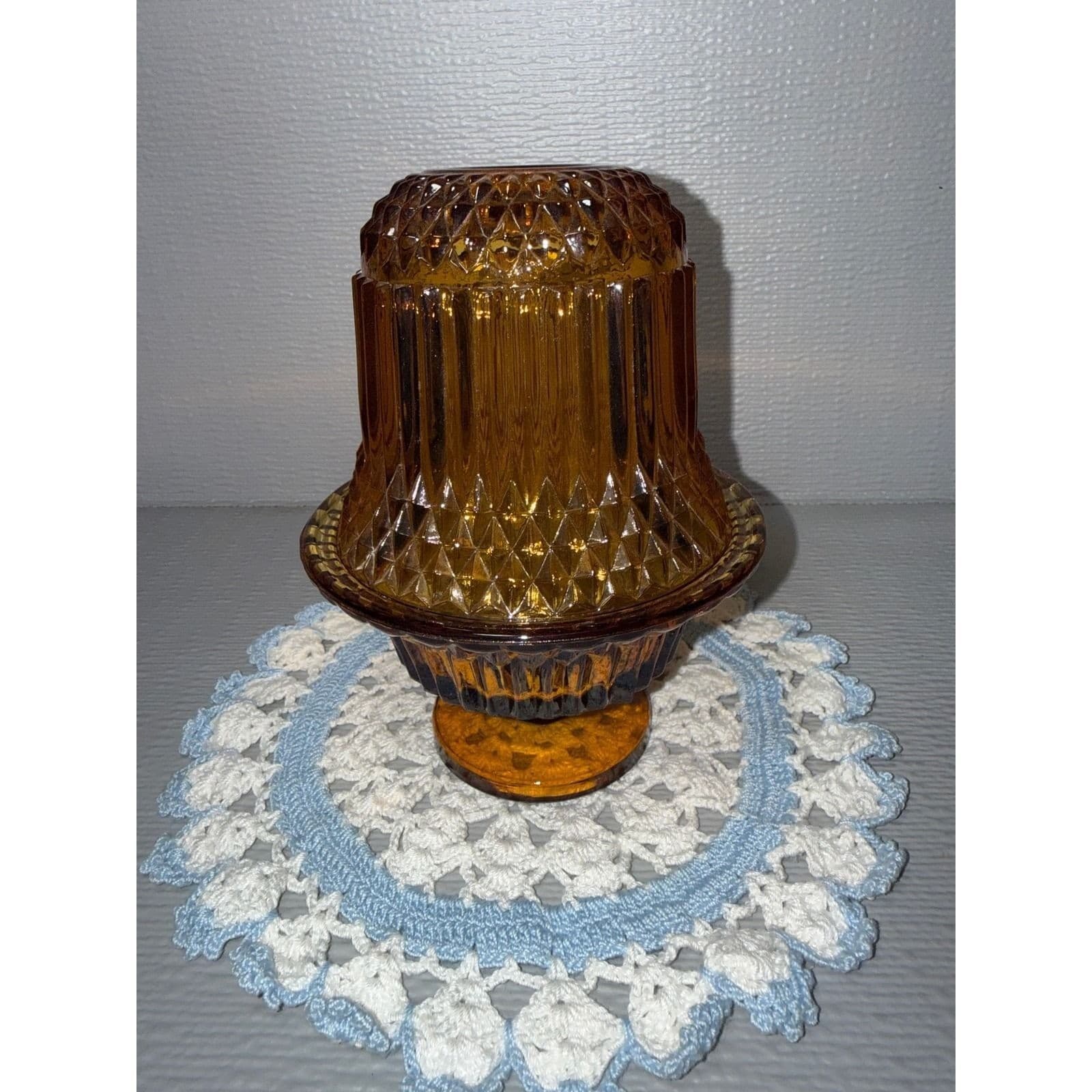 Vintage Amber Glass Fairy Lamp Diamond Point Ribbed 2 Piece Votive Holder 6.5"