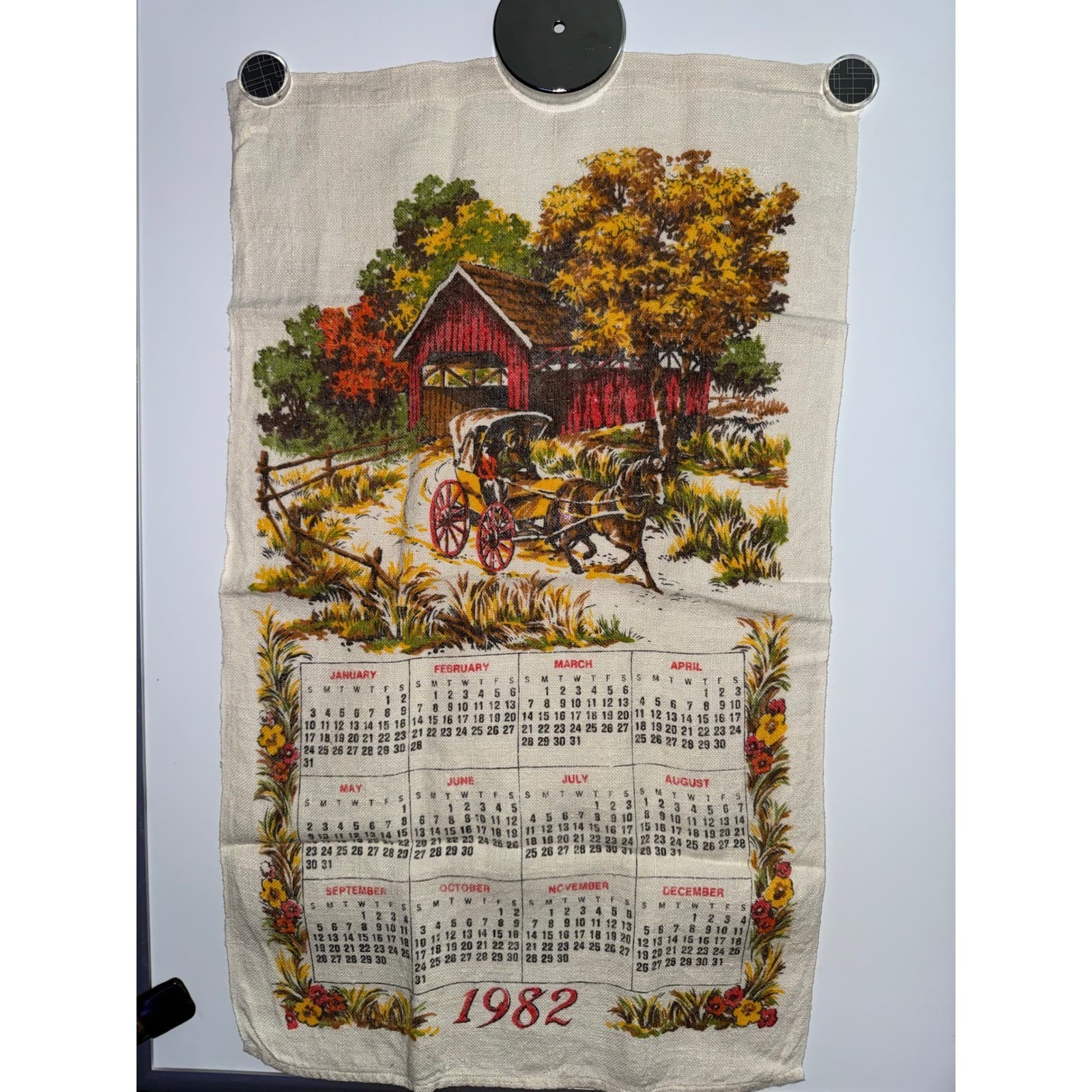 Vintage 1982 Linen Calendar Tea Towel Covered Bridge Horse Carriage Americana