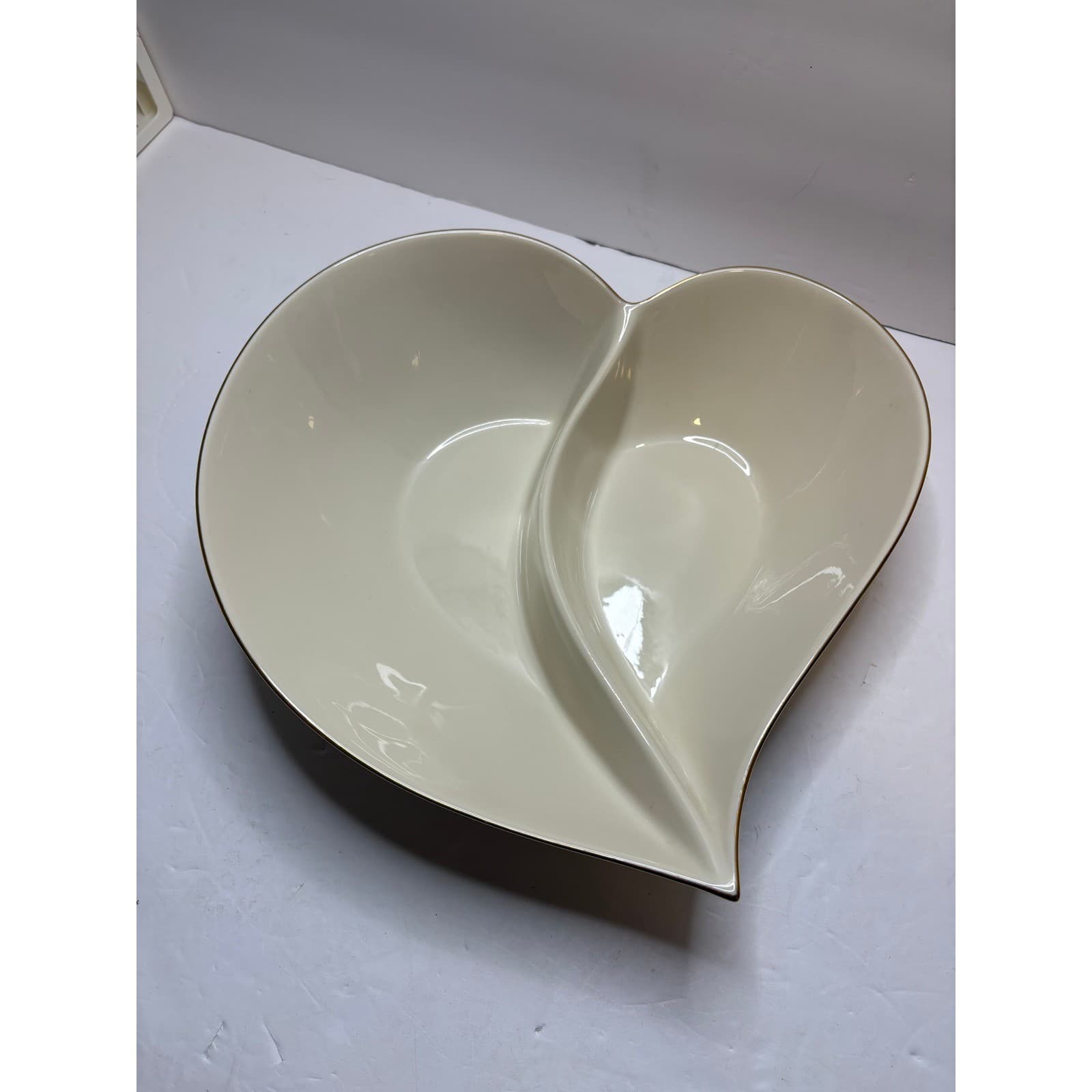 Lenox Ivory China Heart Shaped Divided Server Bowl Gold Trim Made in USA 11.5"