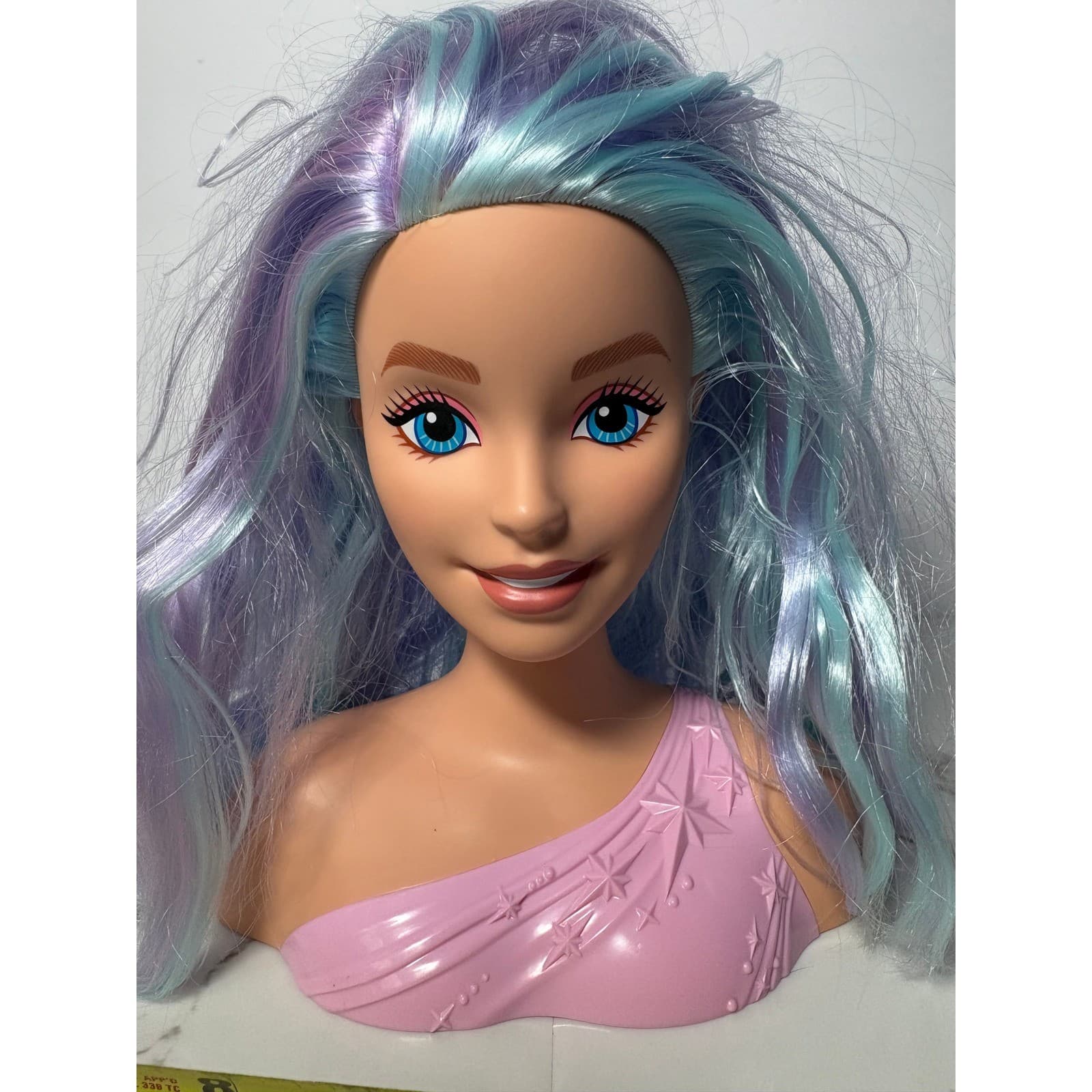 Barbie Styling Head Mattel 2022 Pastel Blue Purple Hair Pink Star Top HMD82
