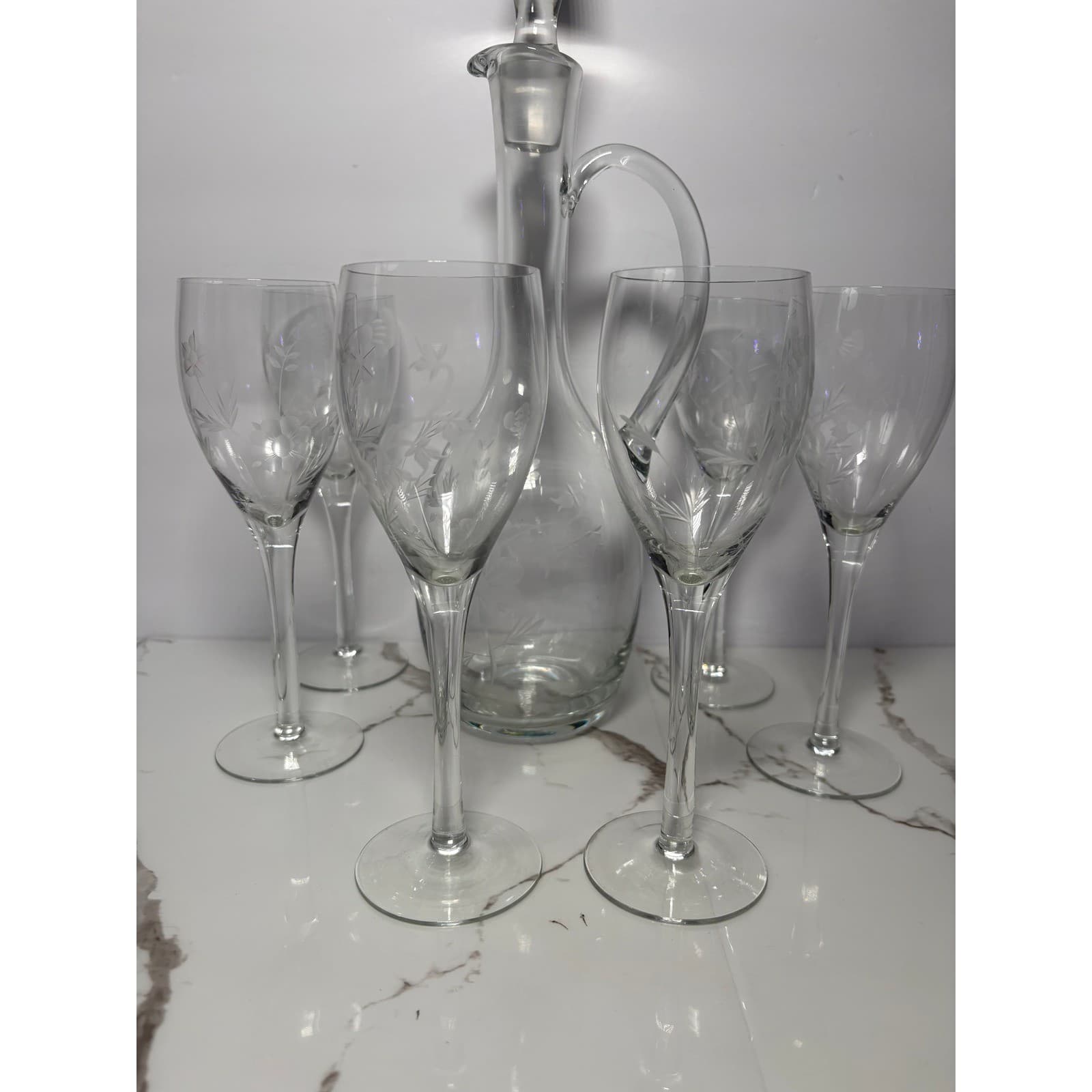 Vintage Etched Floral Glass Decanter with Stopper & 6 Matching Wine Glasses Set