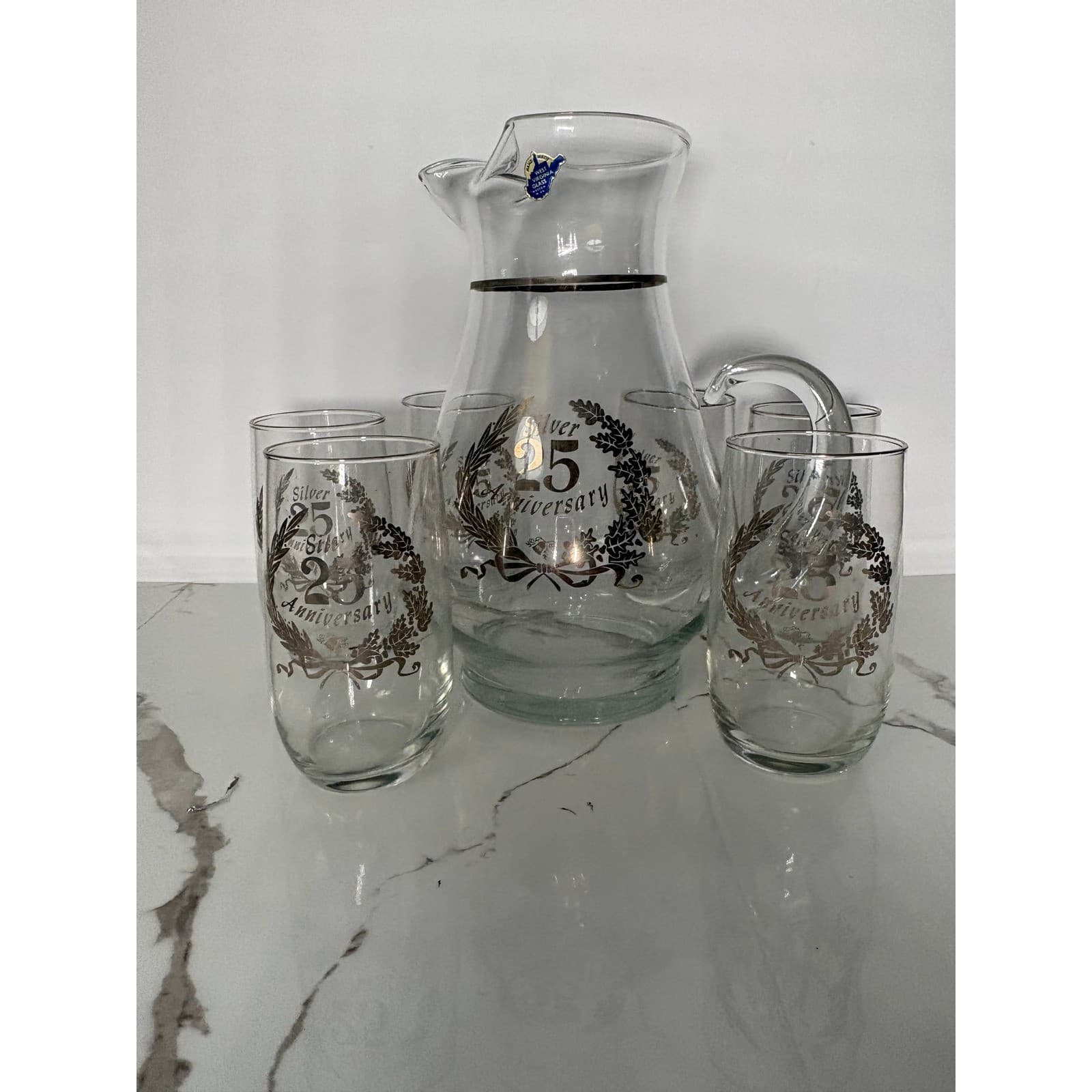 West Virginia Glass Silver 25th Anniversary Pitcher and 6 Tumbler Set Vintage
