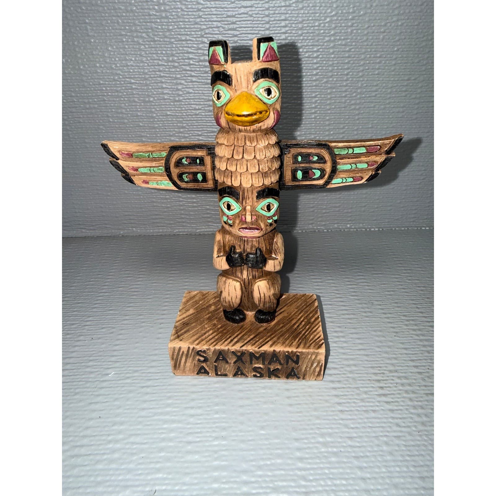 Saxman Alaska Totem Pole Thunderbird Souvenir Figurine Hand Painted 5.5 inch