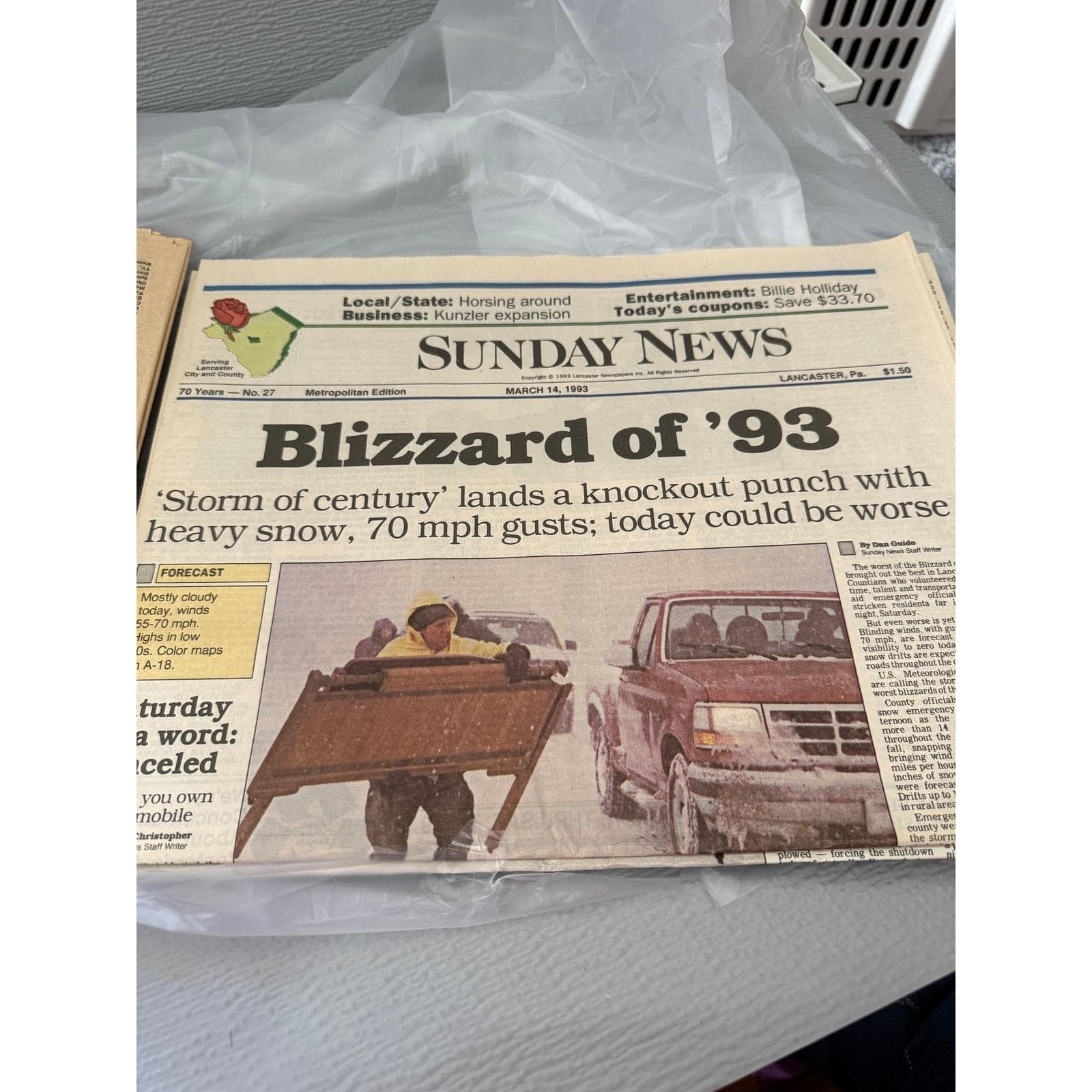 Vintage Blizzard of 93 Sunday News Newspaper March 14 1993 Lancaster PA Storm