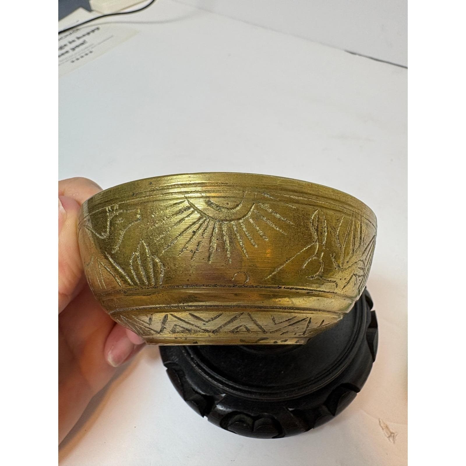 Vintage Etched Brass Egyptian Bowl with Pyramids Camels and Wood Stand 3.5 Inch
