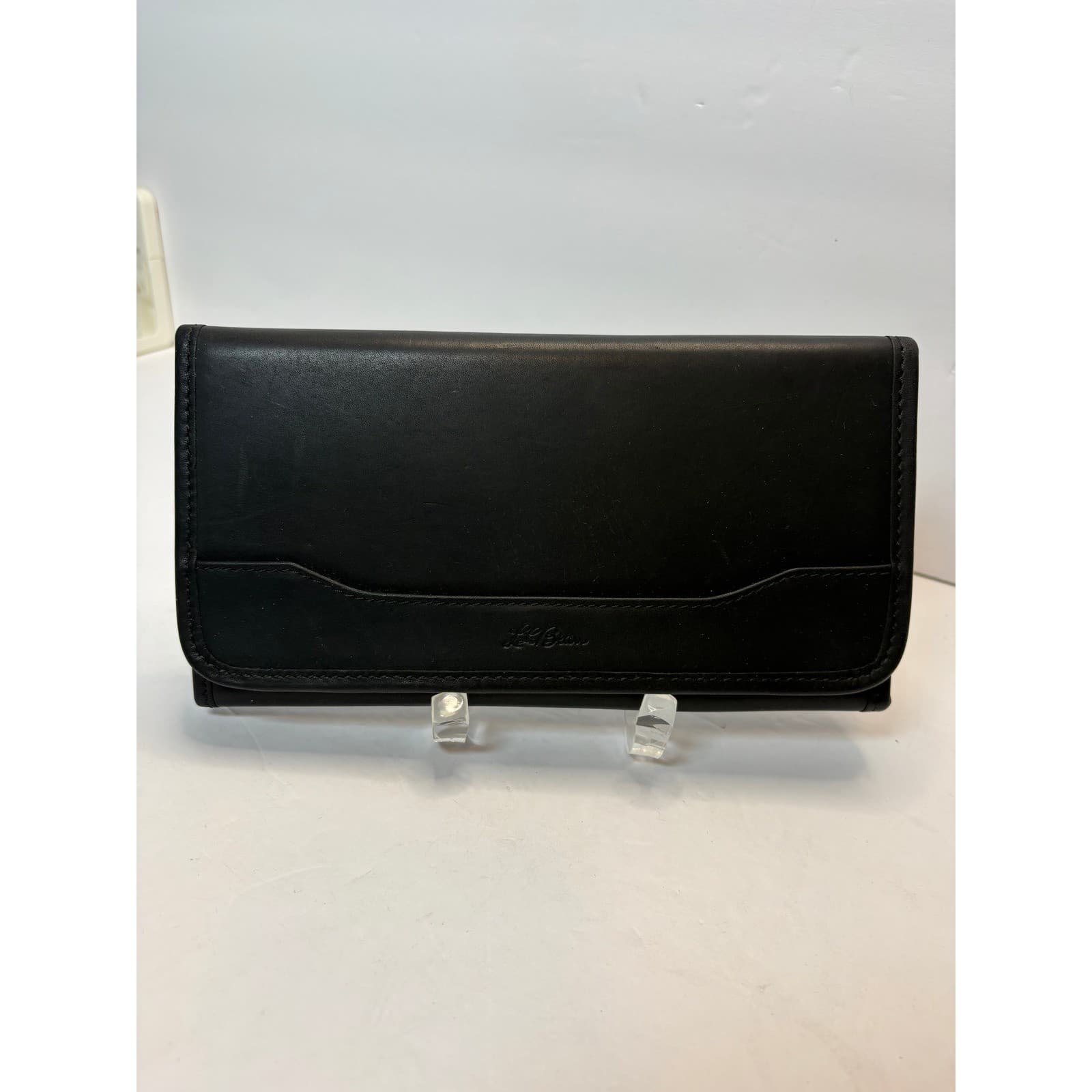 Vintage LL Bean Black Leather Trifold Checkbook Wallet Plaid Lining Mens Womens