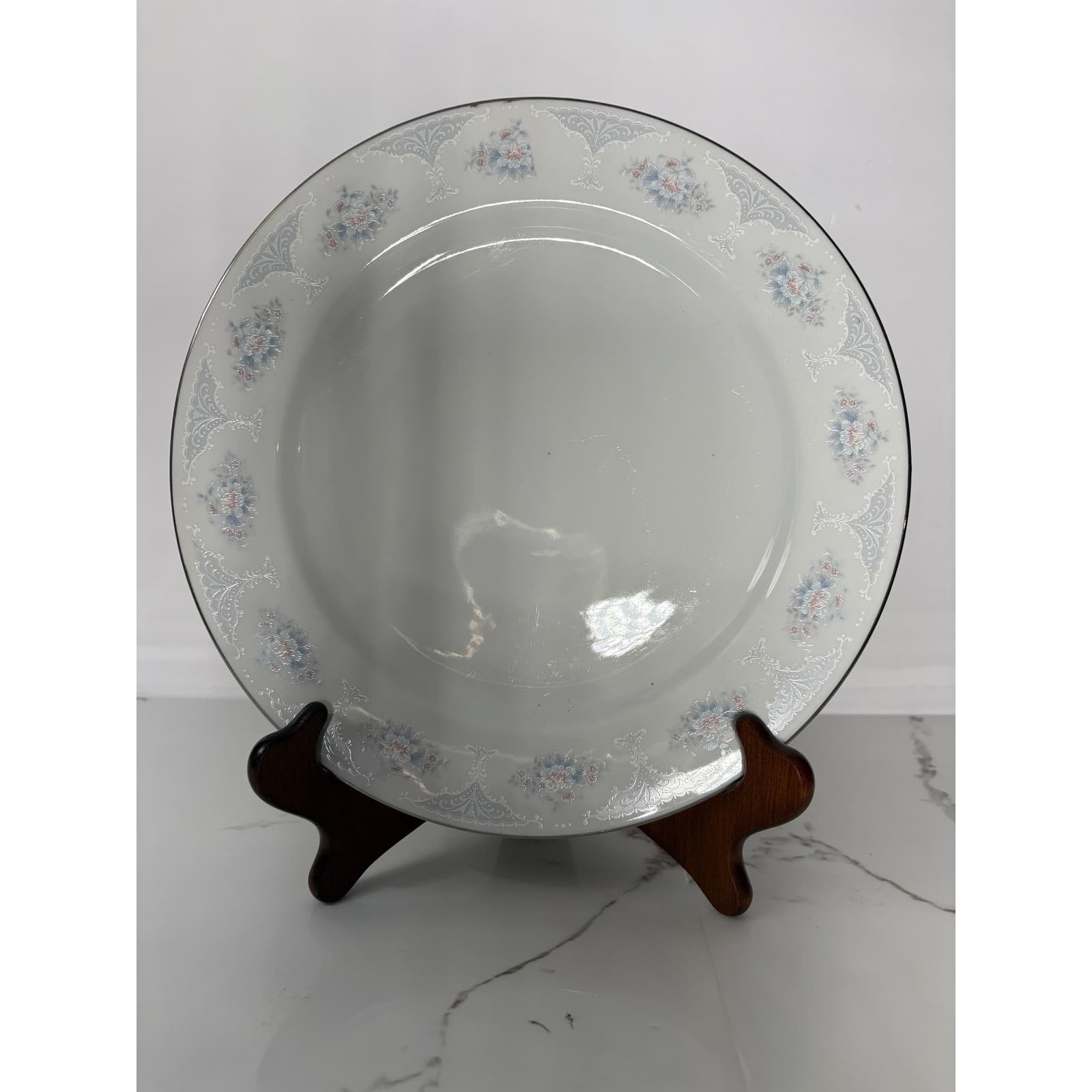 Vintage Porcelain Dinner Plates Set of 4 Blue Pink Floral Silver Rim 10.5 inch