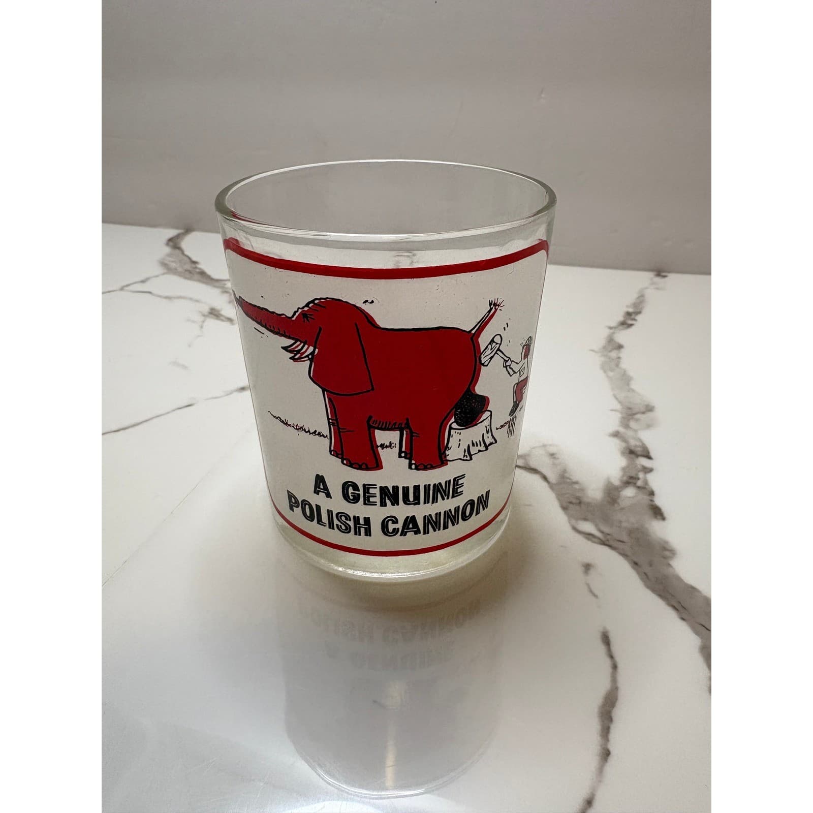 Vintage A Genuine Polish Cannon Novelty Glass Red Elephant Humorous Tumbler
