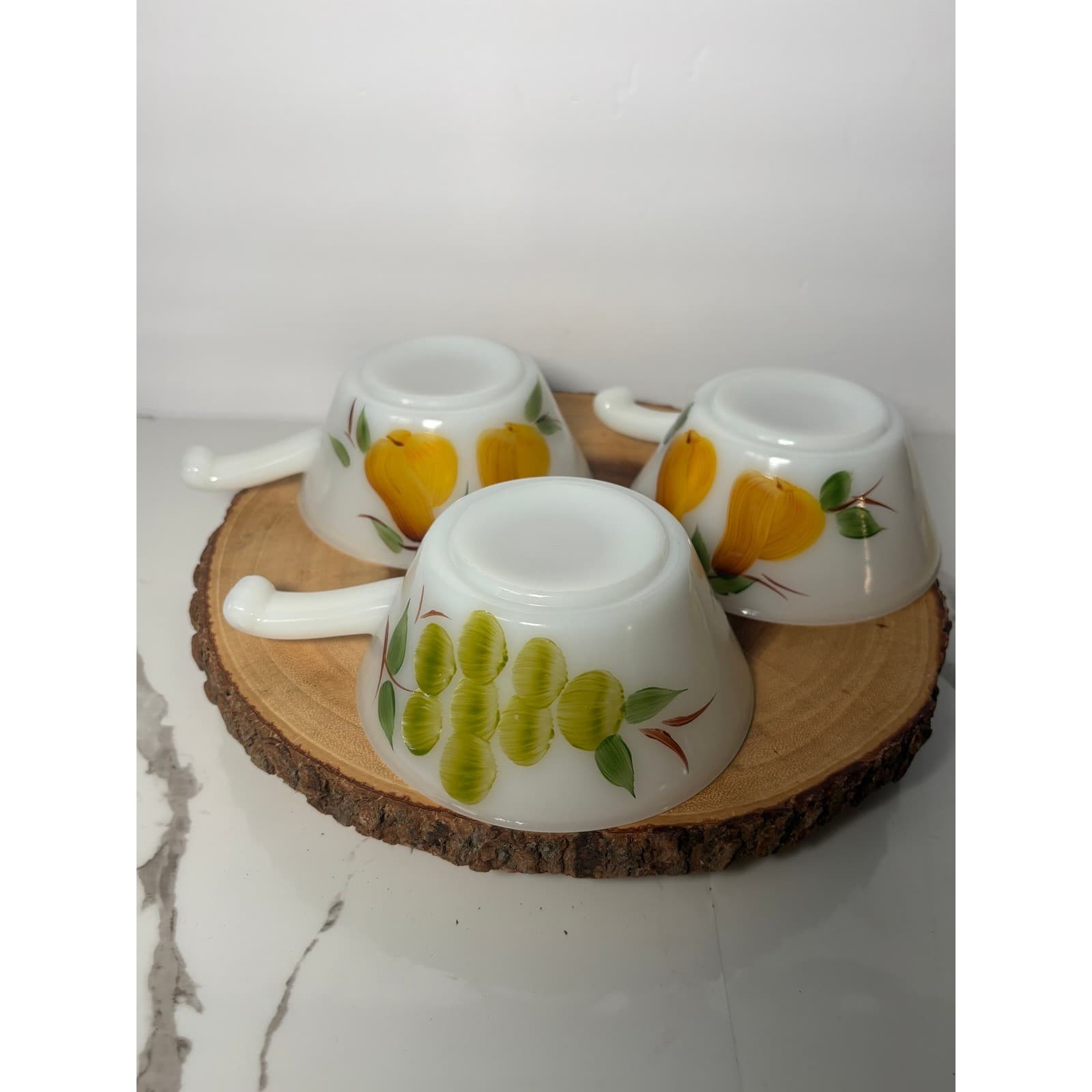 Vintage Fire-King Milk Glass Fruit Chili Bowls Set of 3 Pear Grapes Hand Painted