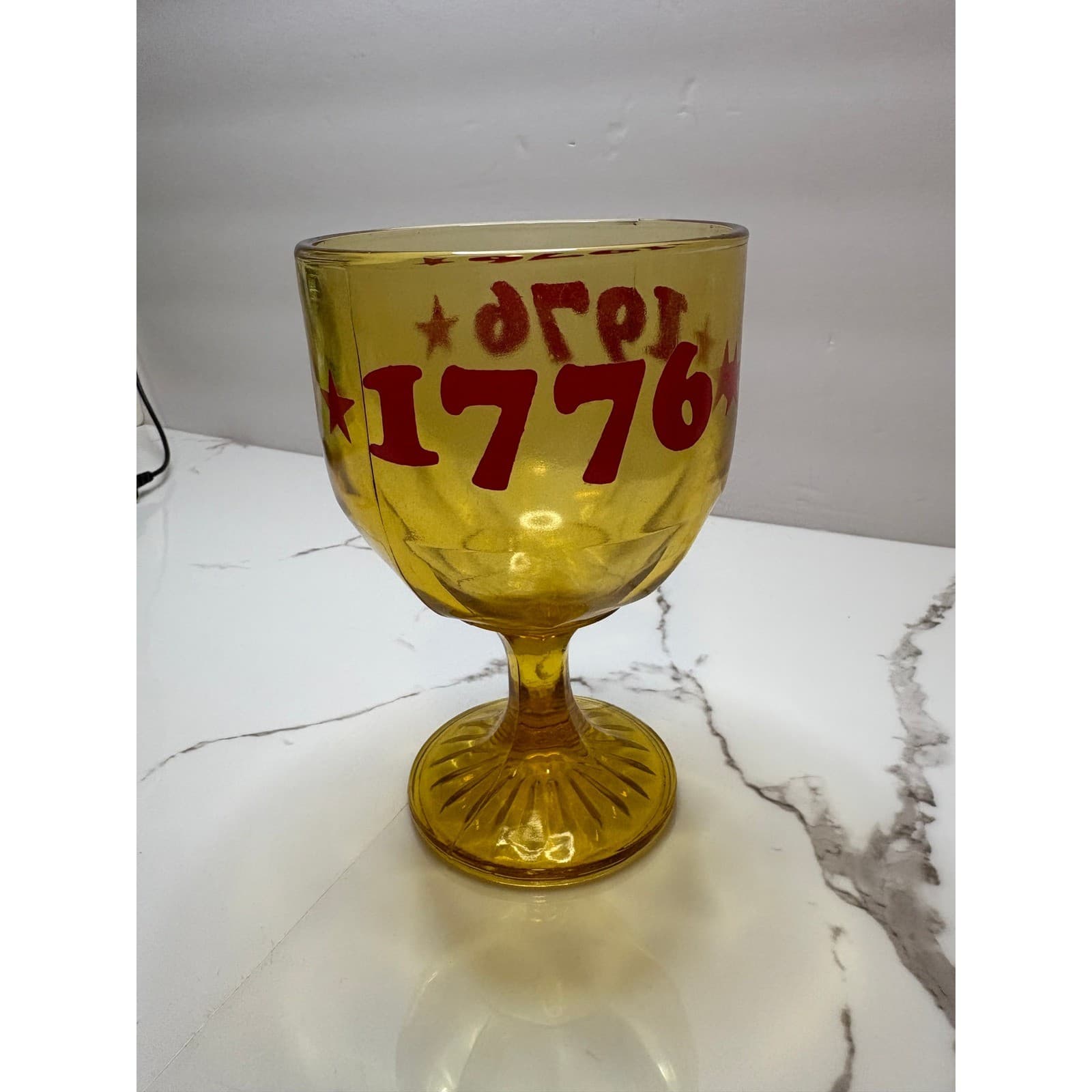 Vintage Amber Glass Bicentennial Goblet 1776 1976 Red Stars Chalice Libbey Style