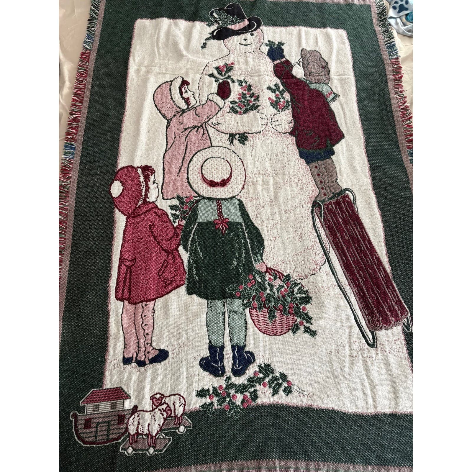 Vintage Woven Tapestry Throw Blanket Christmas Snowman Children Winter Scene