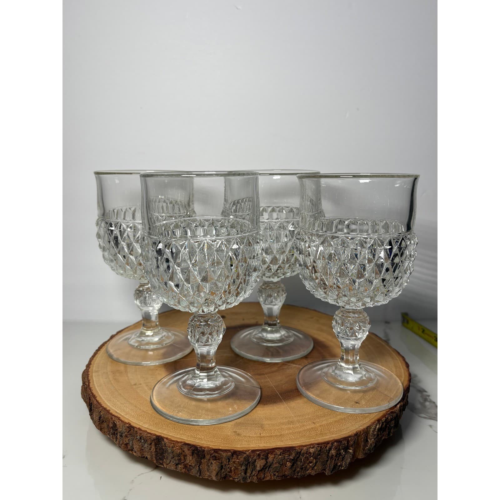Vintage Clear Pressed Indiana Glass Diamond Point Set of 4 Water / Wine