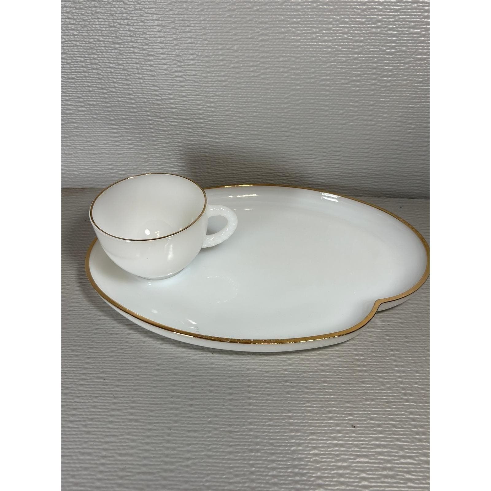 Vintage Federal Glass Milk Glass Snack Set Cloud Shape Gold Trim 2pc