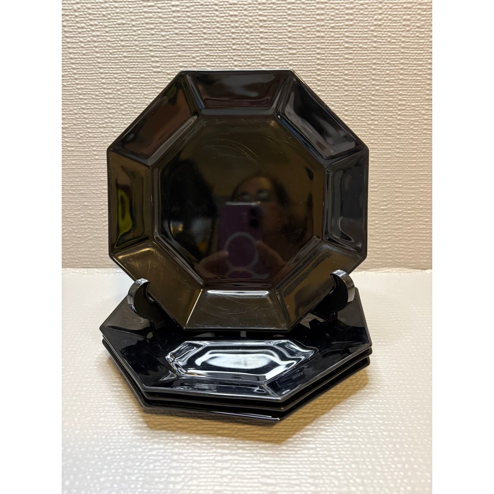 Set of 4 Arcoroc France Octime Black Octagon Glass Salad Dessert Plates 7.5in