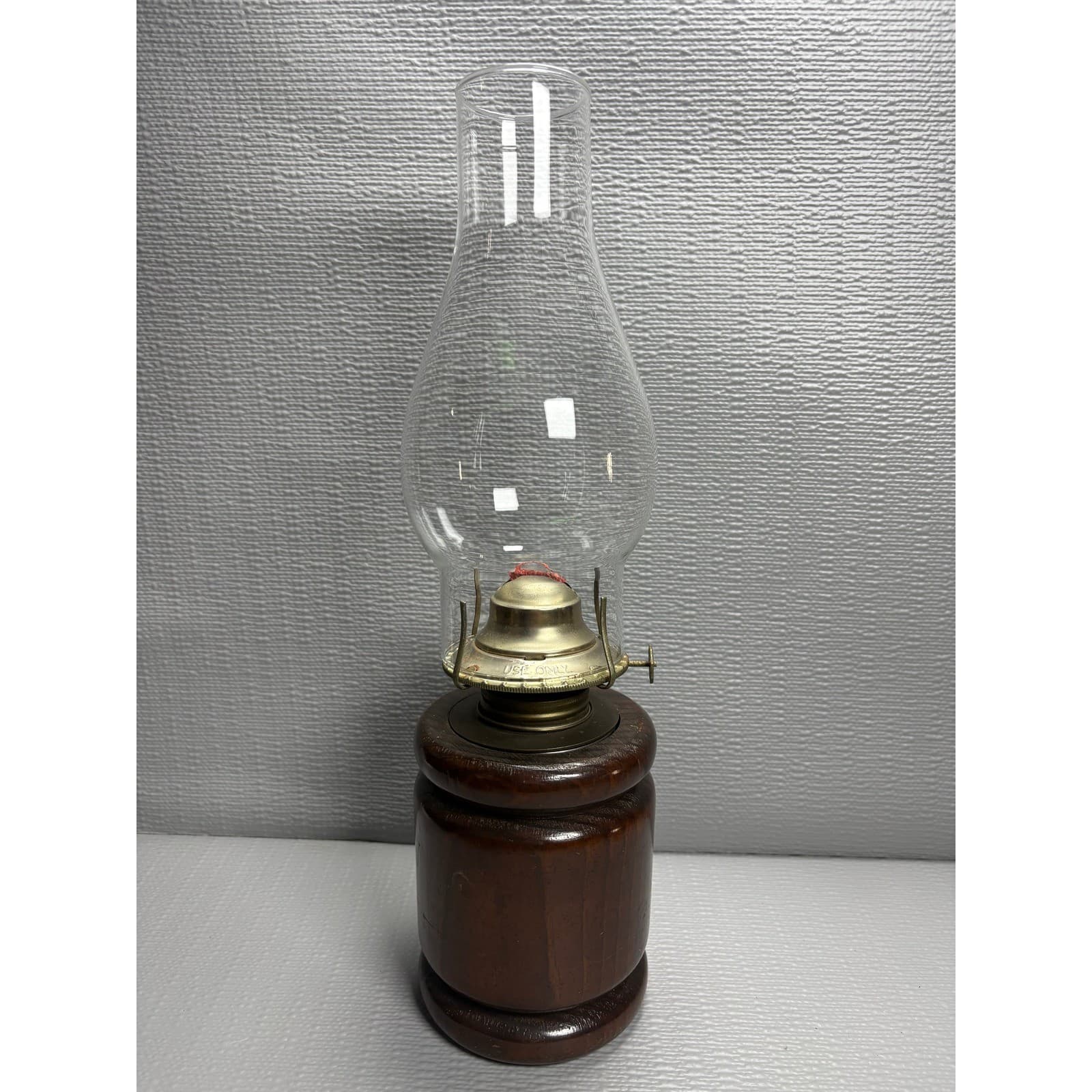 Vintage Wood Base Oil Lamp with Clear Glass Hurricane Chimney Rustic Farmhouse