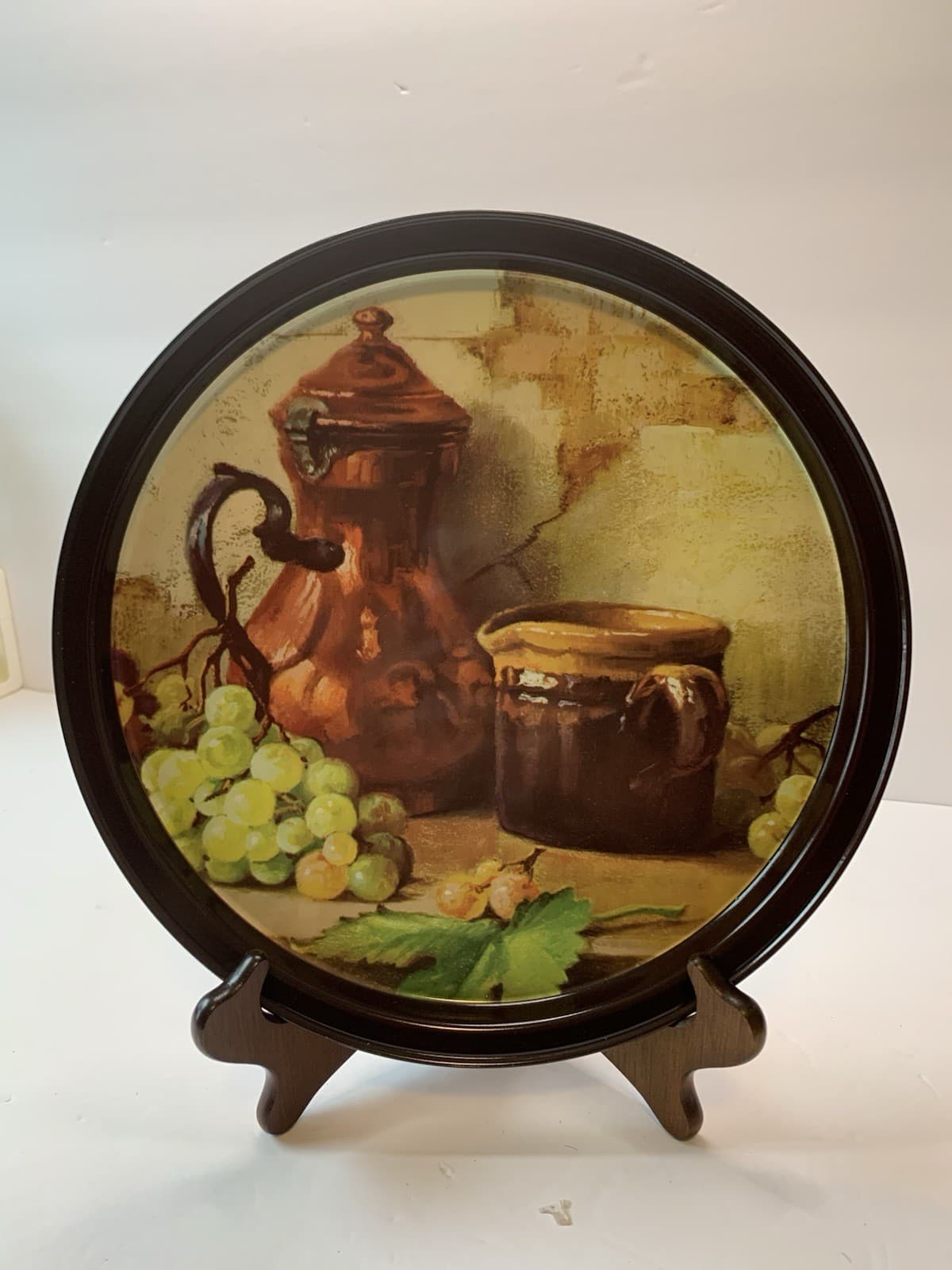 Vintage 10 3/4” Tin Serving Tray w/Rustic Still life of Grapes, Tea Pot & Mug