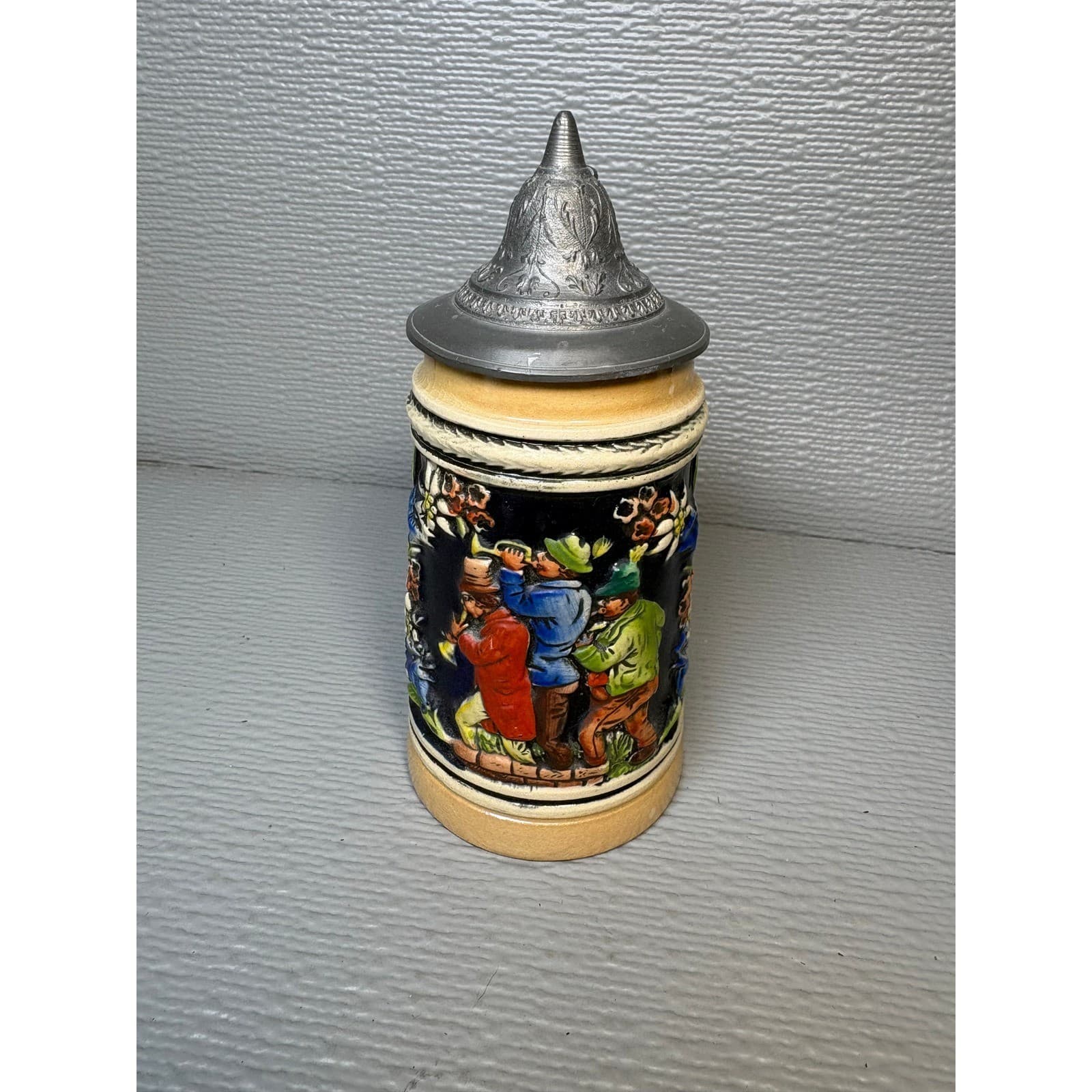 Vintage German Style Ceramic Beer Stein with Hinged Pewter Lid 6 Inch Relief
