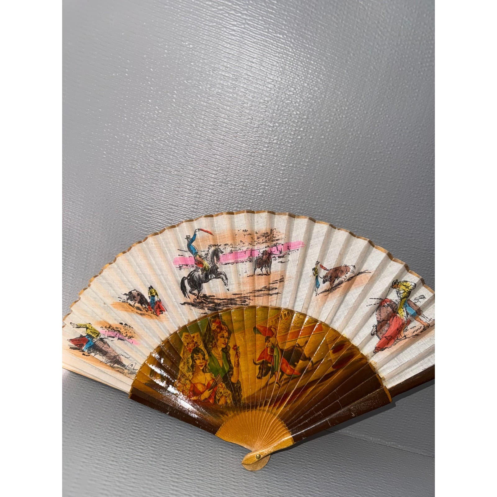 Vintage Spanish Bullfighting Hand Painted Folding Fan Matador Scene 16 Inch