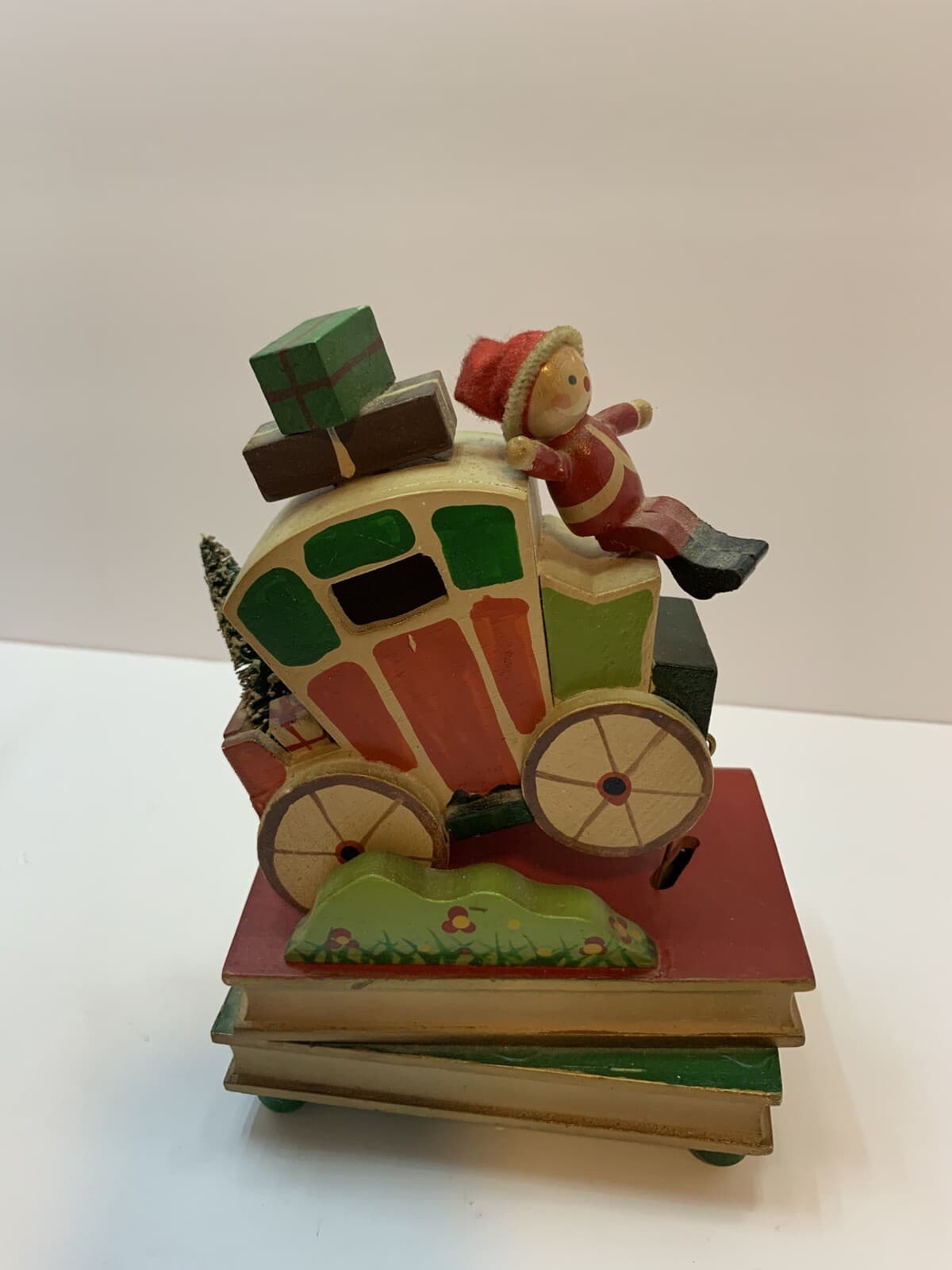 Vintage Jay Import Co Wooden Action Musical Elf on Stagecoach Books 16-9844D