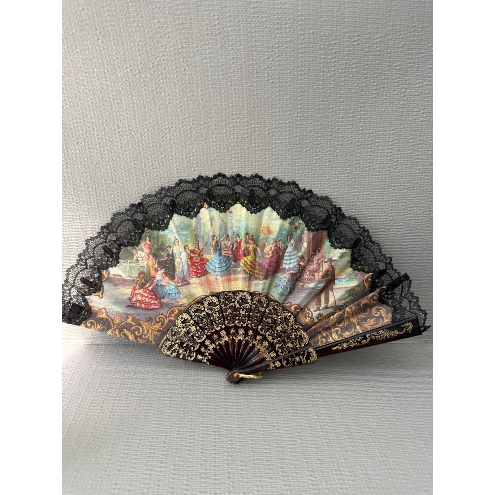 Vintage Victorian Style Folding Hand Fan Black Lace Faux Tortoiseshell Gold Trim