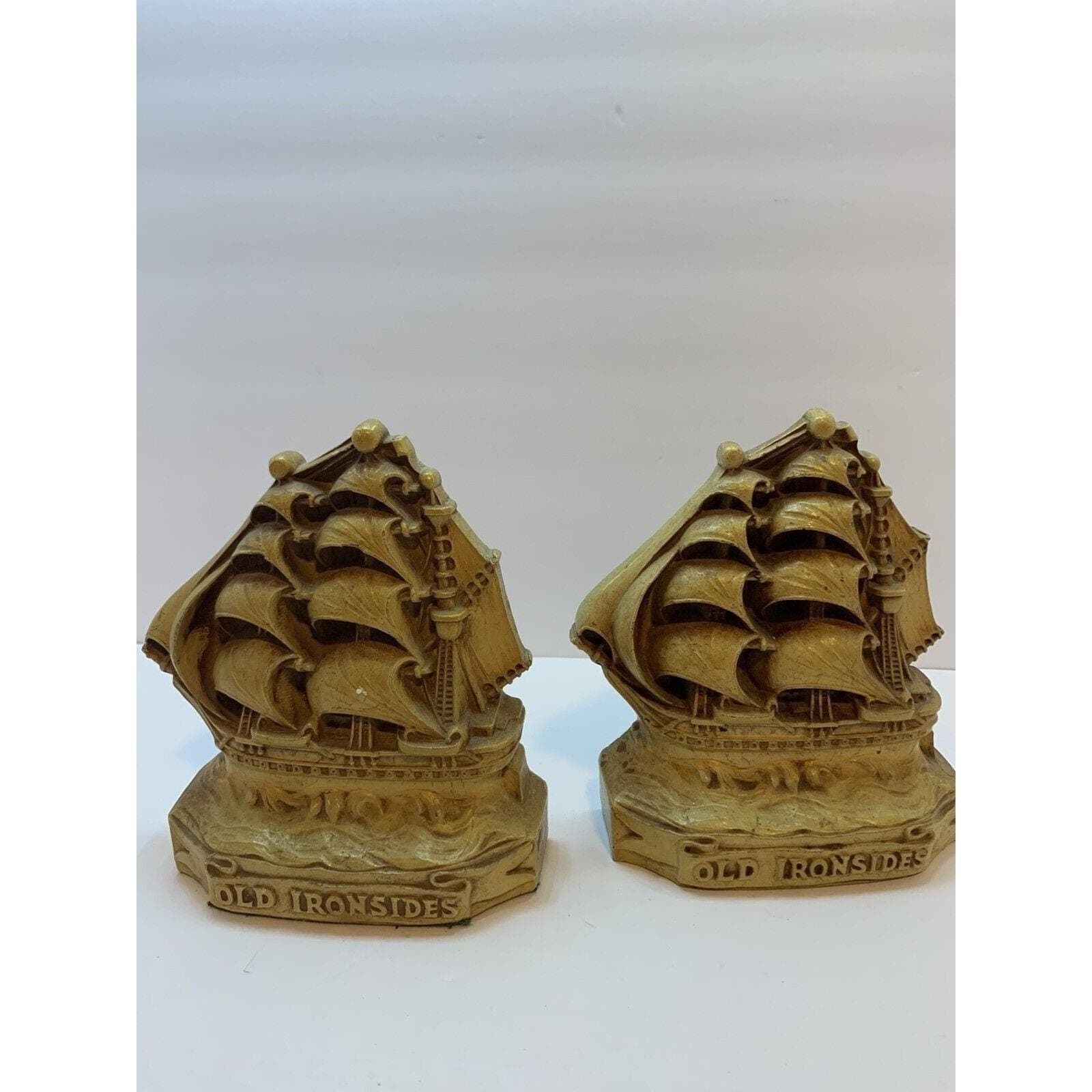 Vintage Old Ironsides USS Constitution Ship Bookends Nautical Gold Tone Pair