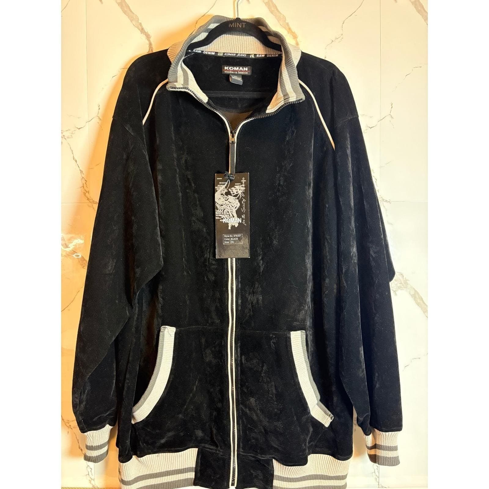 VTG Koman Modern Basics Mens 2XL Velour Track Jacket Black Full Zip 9763ST NWT
