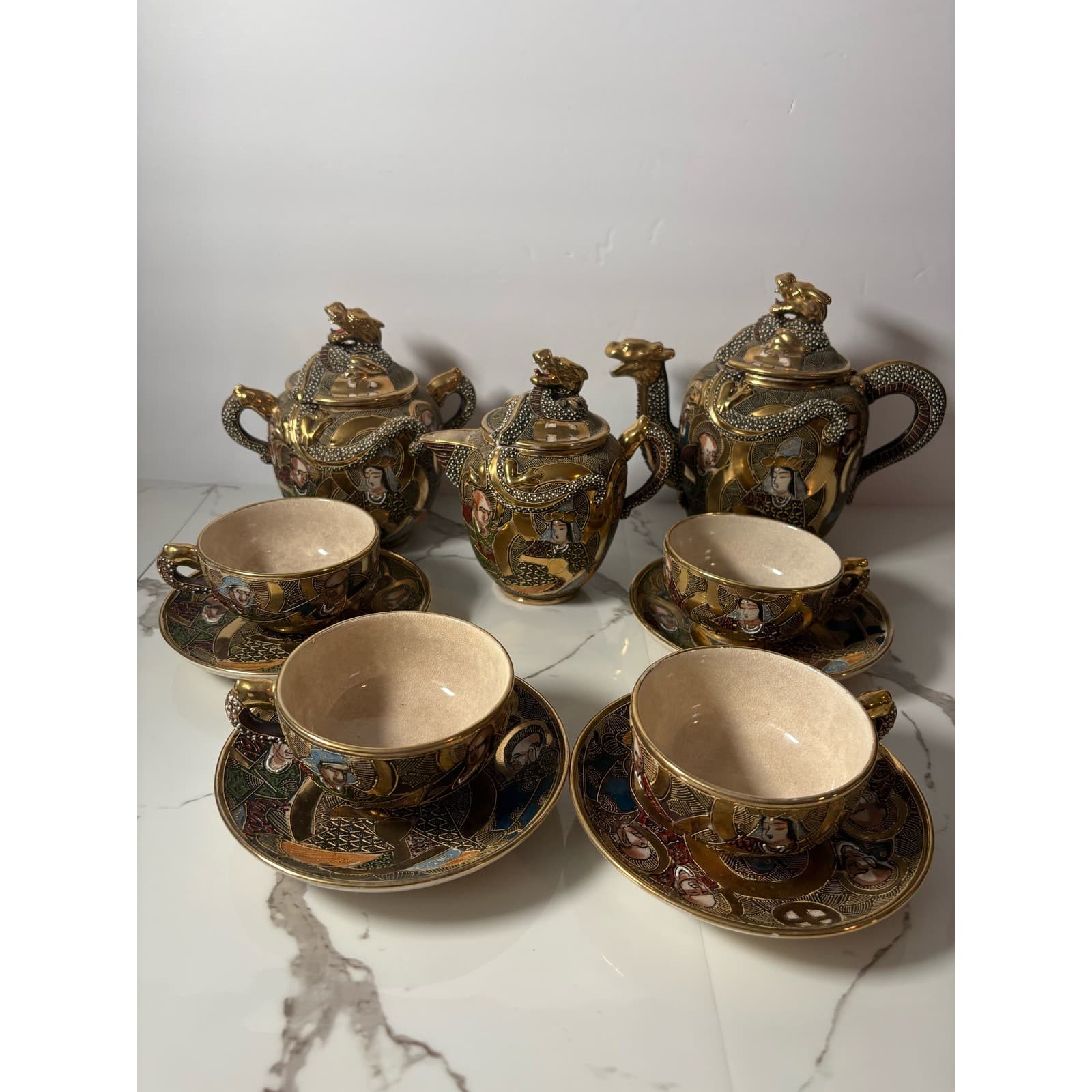 Vintage Japanese Satsuma Dragon 14 pc Tea Set Teapot Sugar Creamer Cups Saucers