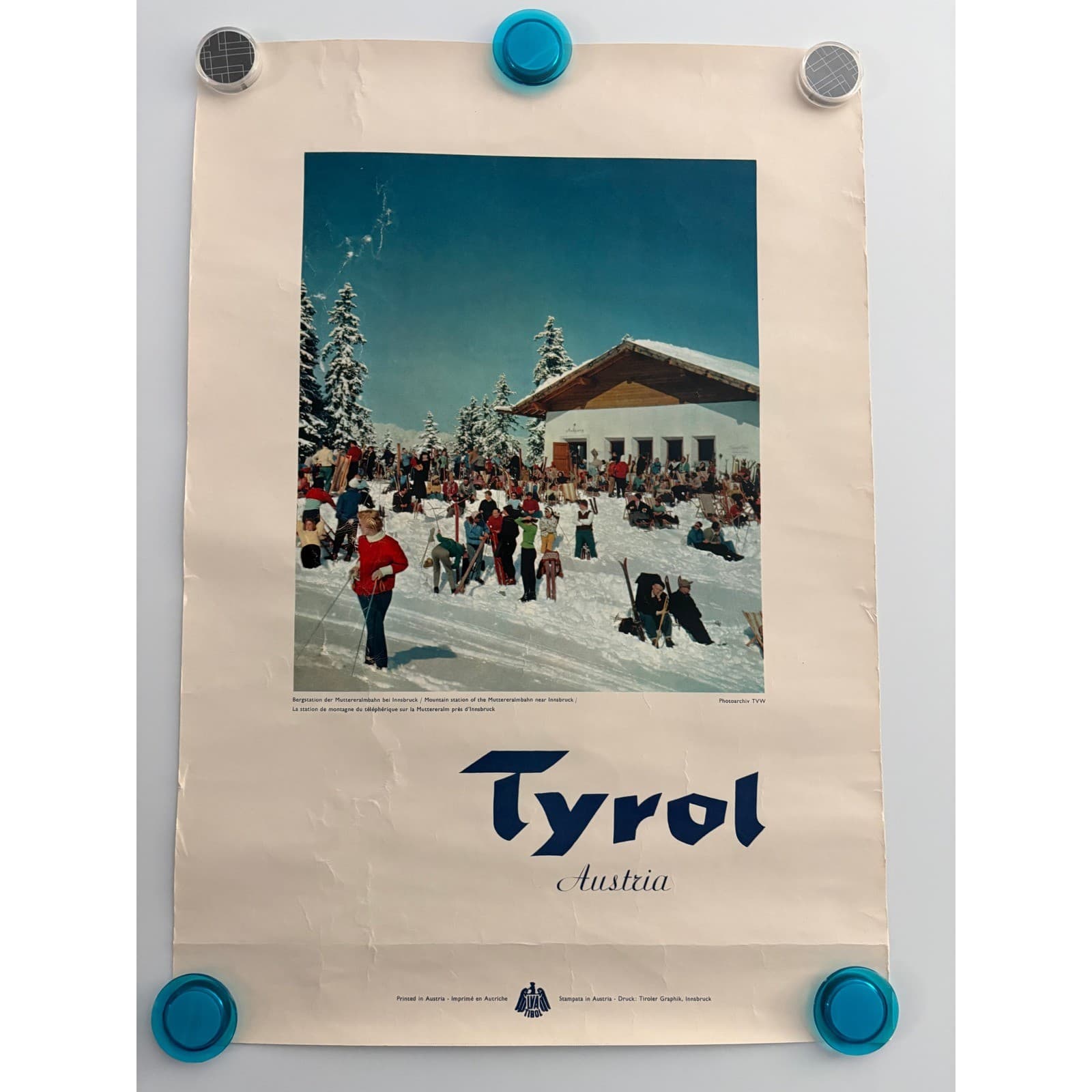 Vintage Tyrol Austria Ski Travel Poster Muttereralmbahn Innsbruck 19.5x13.5