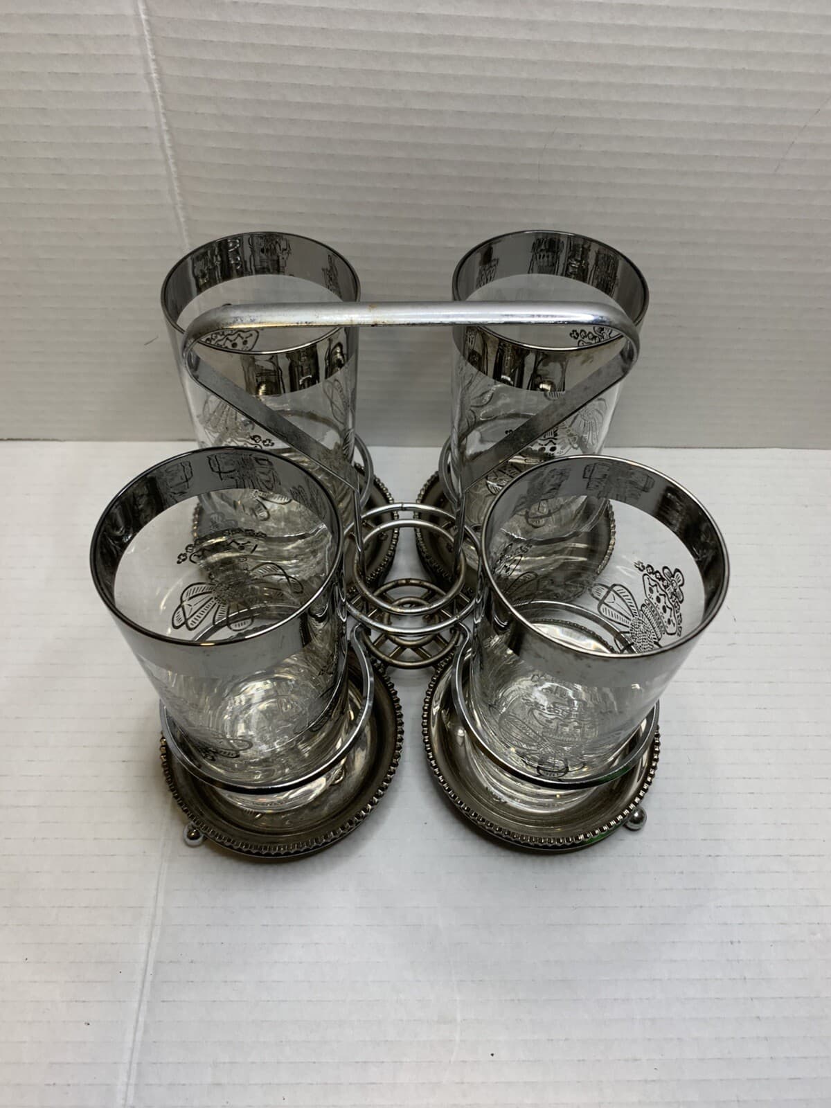 Set Of 4 MCM Silver Rim Dorothy Thorpe Tumbler Glasses W/holder Caddy & Coasters