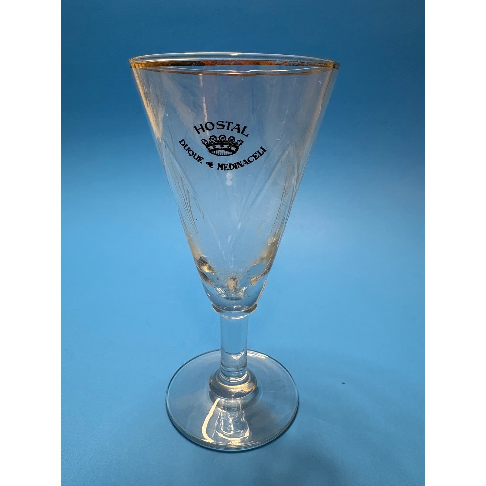 Hostal Duque de Medinaceli Vintage Souvenir Glass Gold Rim Cut Glass Spain Stem
